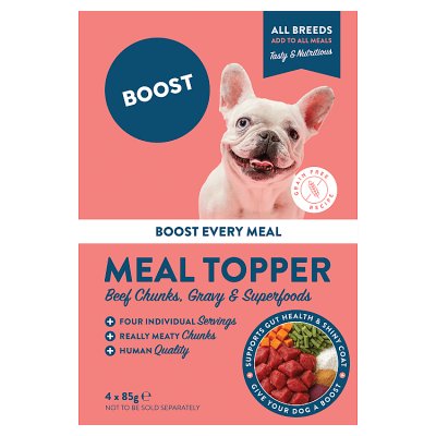Boost Beefy Chunks dog food topper 4x85g, imported from the UK
