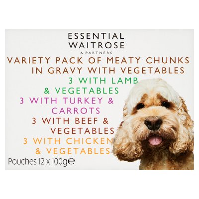 essential Waitrose dog food meaty chunks in gravy 12x100g, UK version