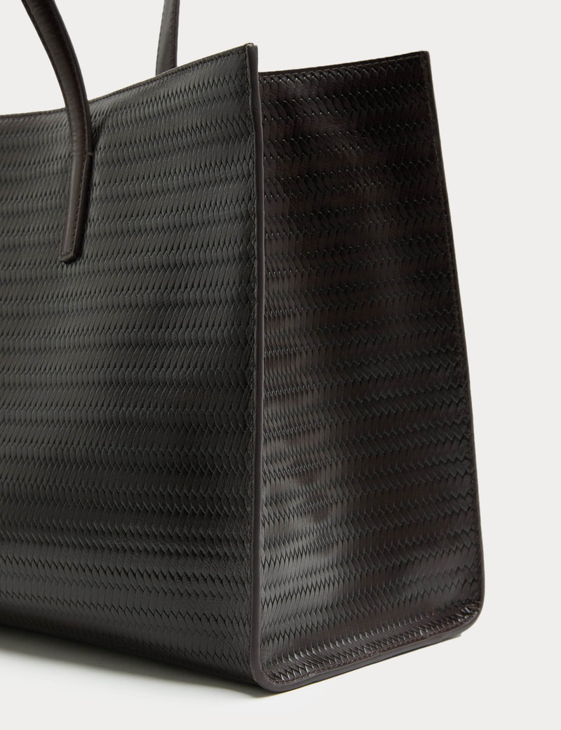Autograph leather embossed tote bag, structured rectangular shape, UK version