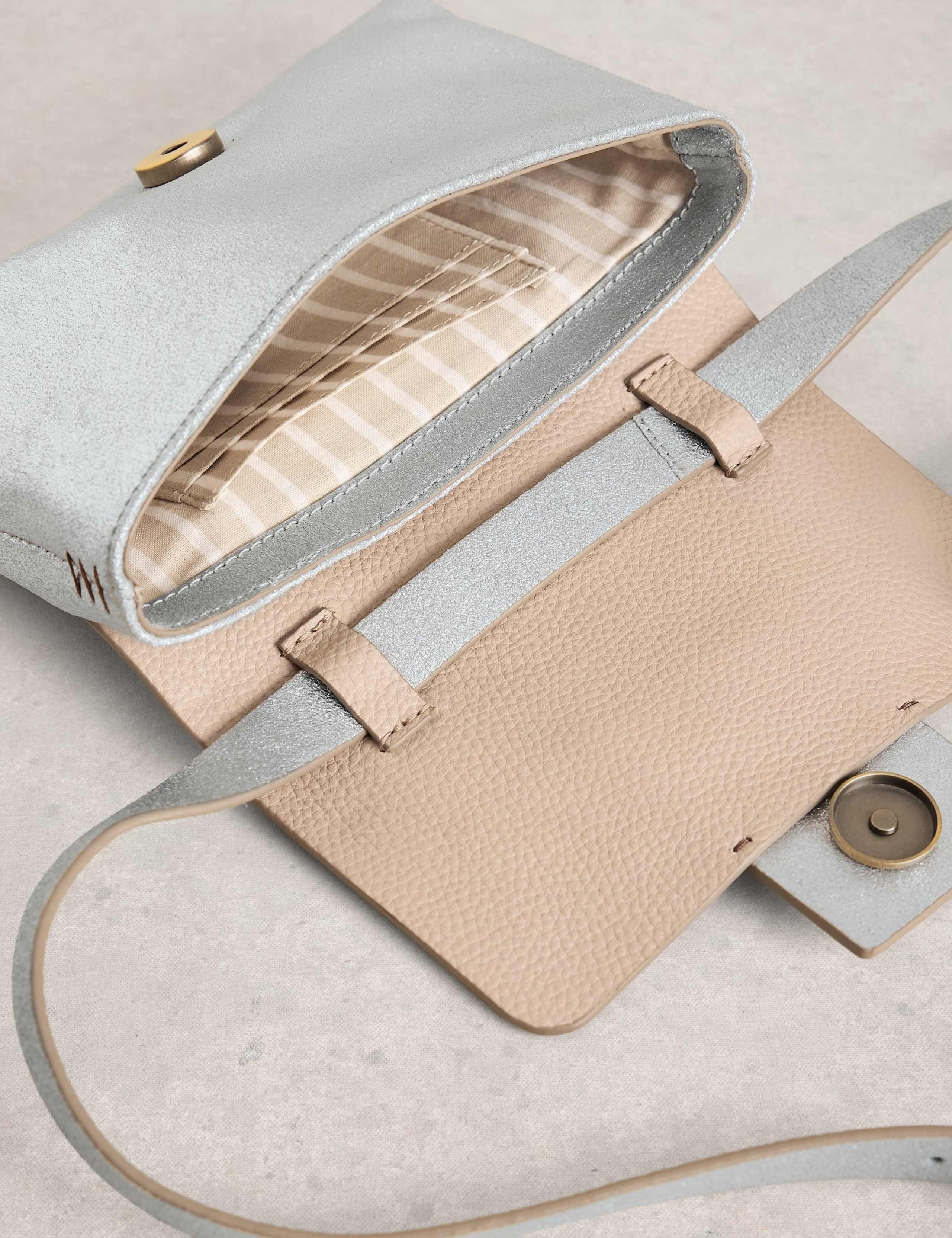 White Stuff leather metallic cross body bag, imported from the UK