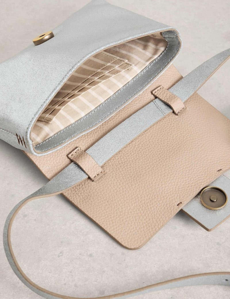 White Stuff leather metallic cross body bag, imported from the UK