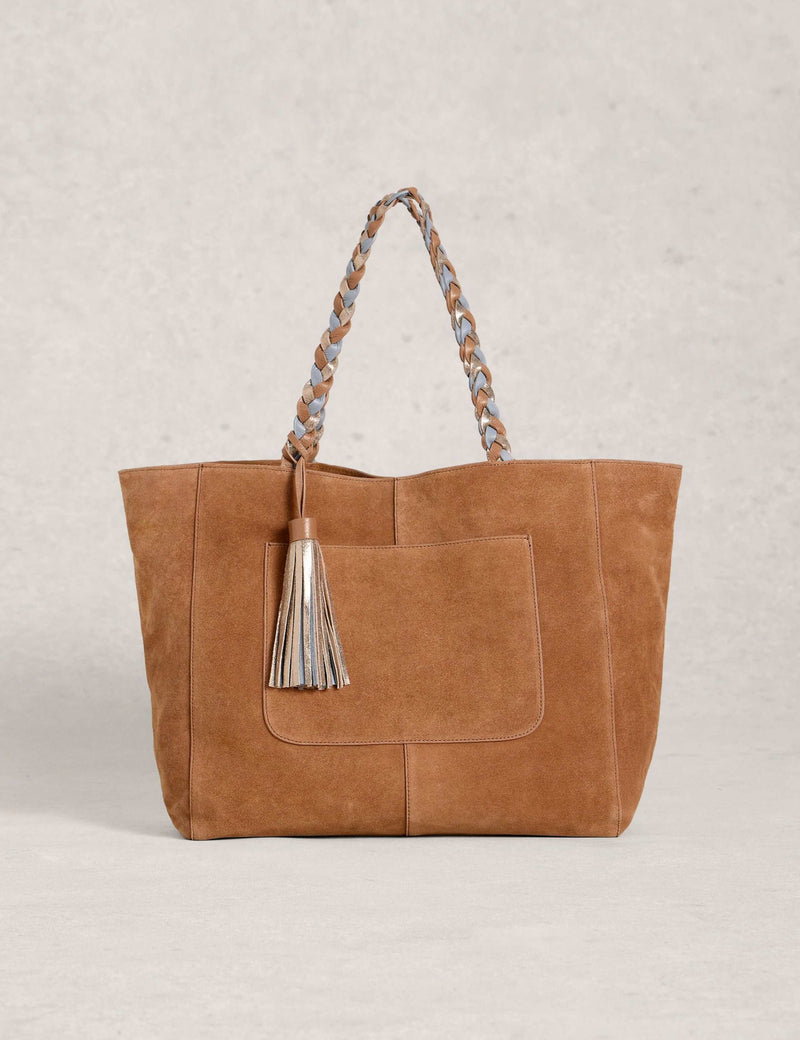White Stuff leather tassel tote bag, plaited handles - British product