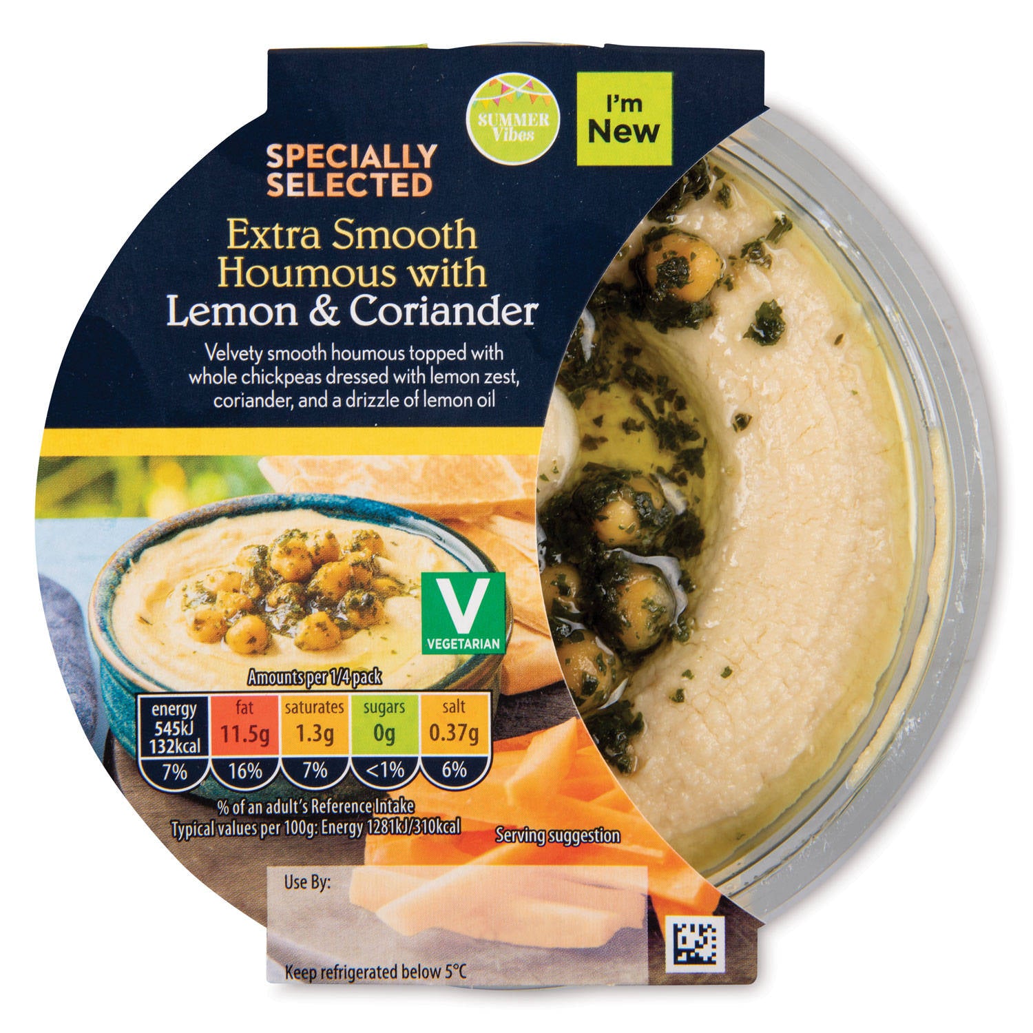 Lemon and Coriander topped houmous, creamy dip (British brand)