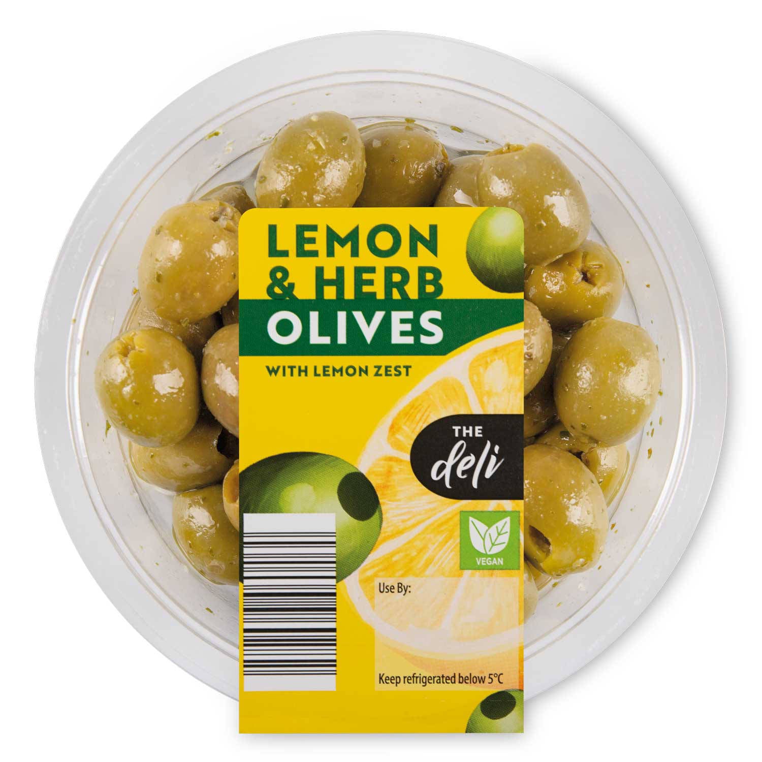 Lemon and herb pitted green olives 140g, UK version