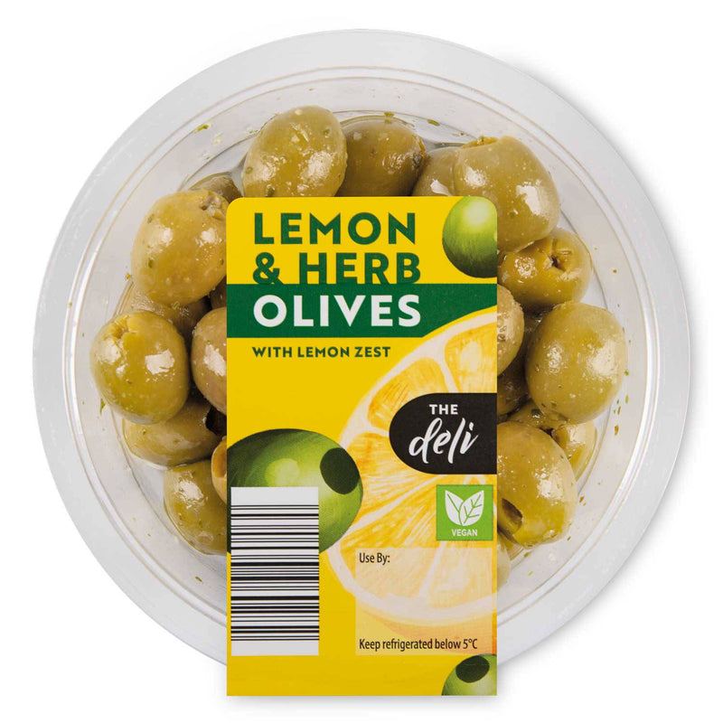 Lemon and herb pitted green olives 140g, UK version