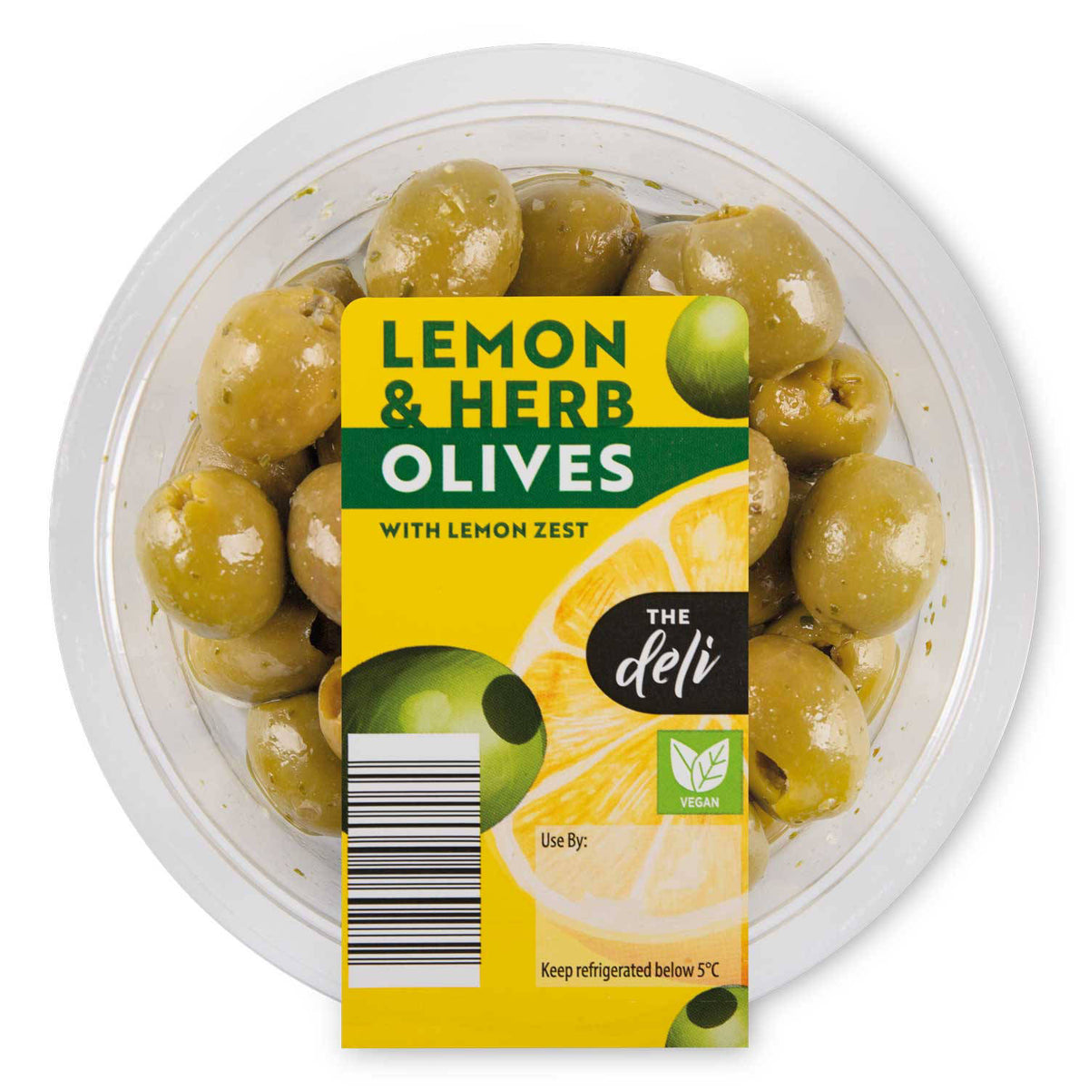 Lemon and herb pitted green olives 140g, UK version