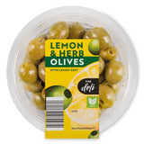 Lemon and herb pitted green olives 140g, UK version