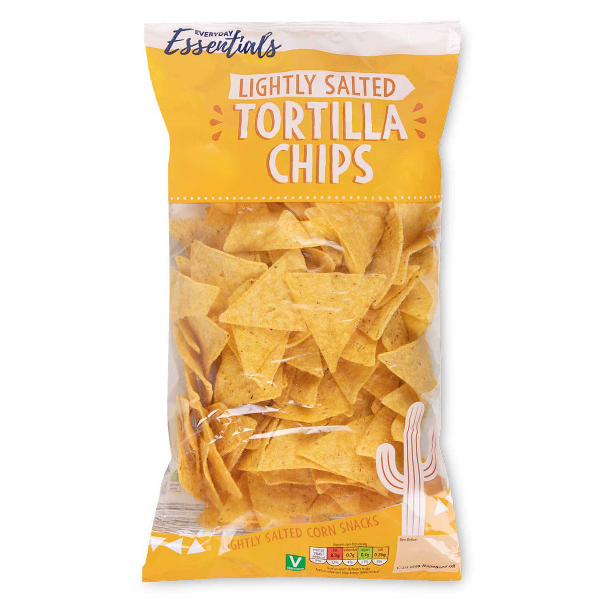 Lightly salted tortilla chips, a corn snack - British product