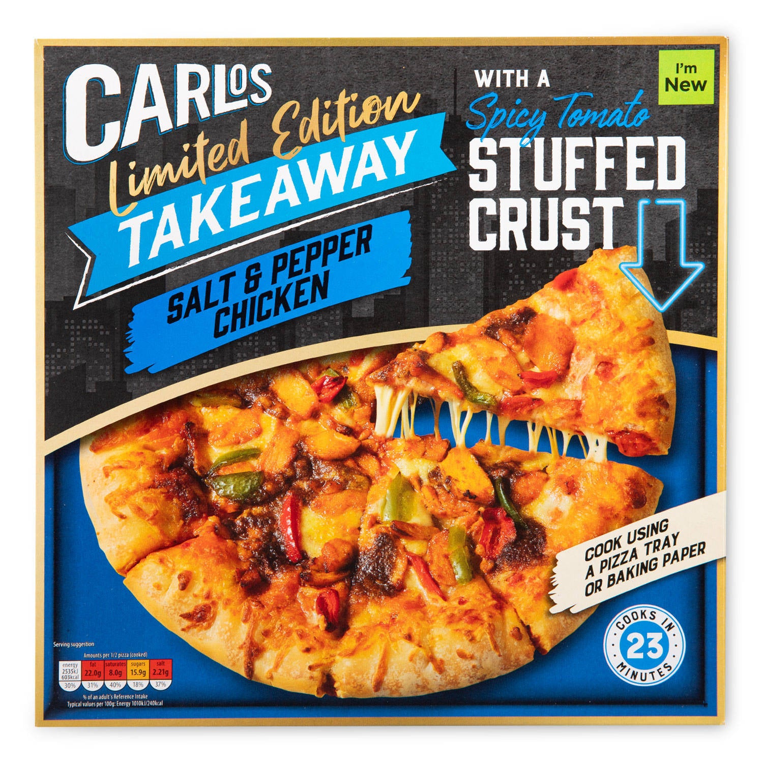 Frozen salt and pepper chicken pizza with spicy tomato crust, UK version