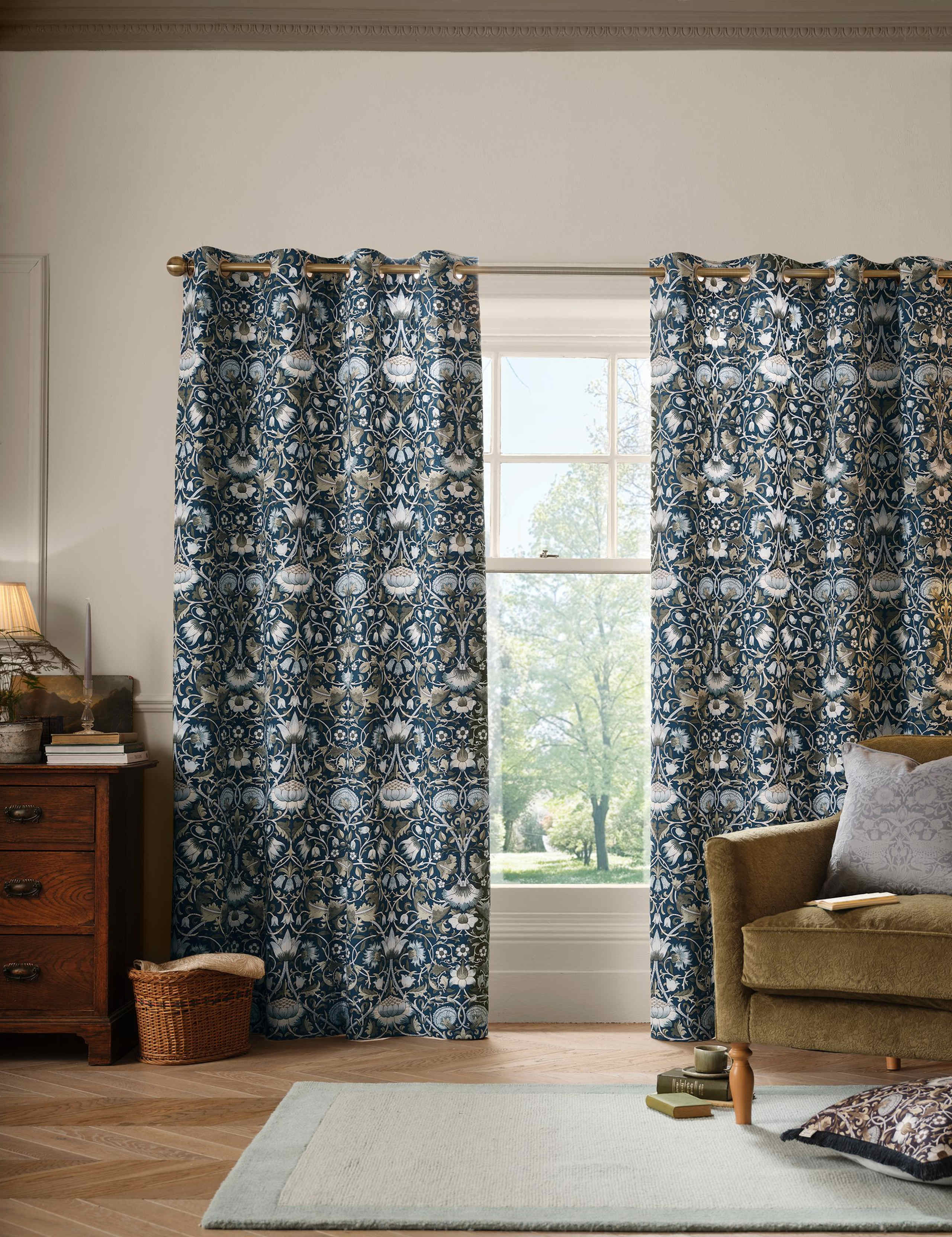 William Morris Lodden eyelet curtains, imported from the UK