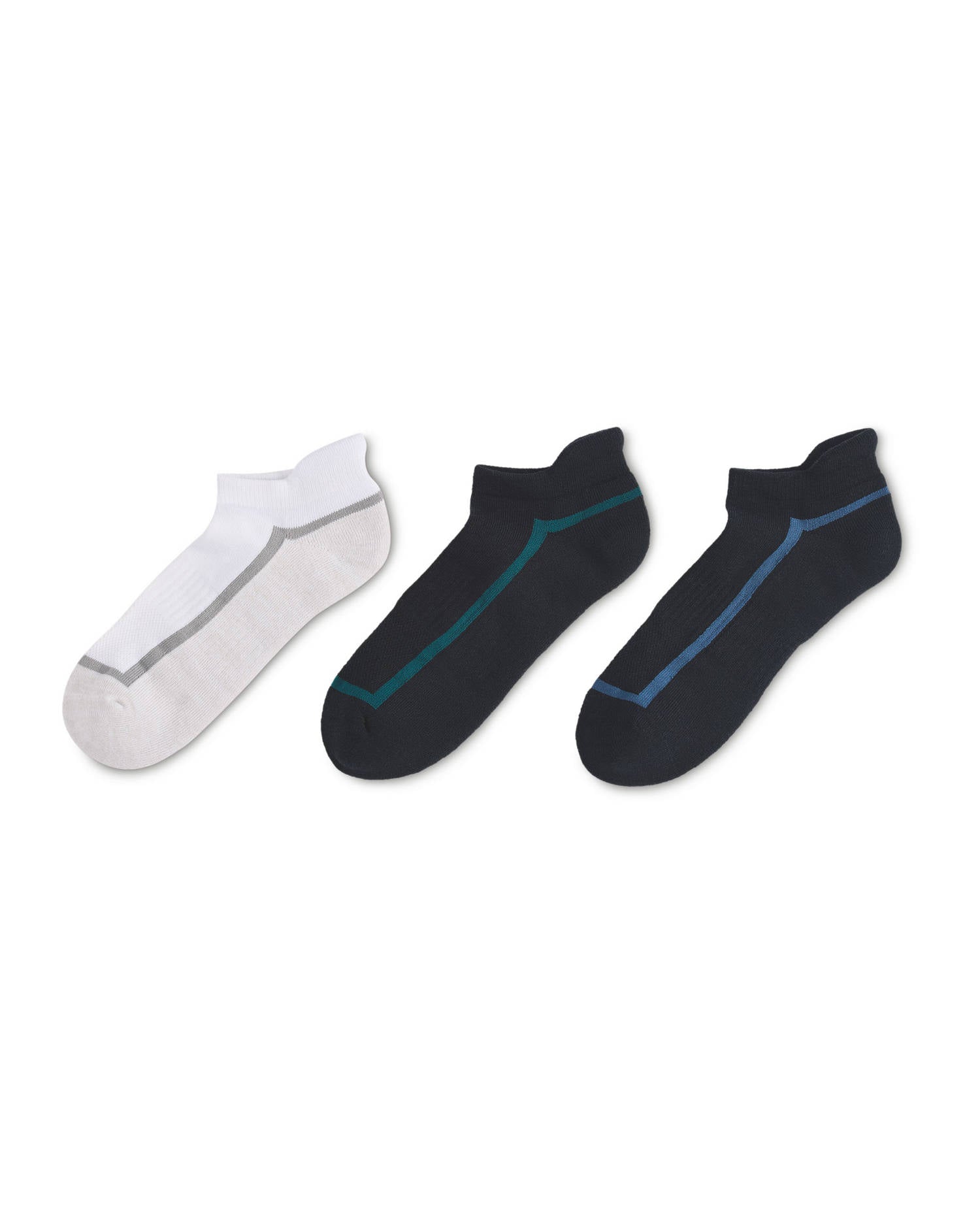 Low Cut Fitness Socks 3 Pack - White/Green/Black or White/Blue/Black, Sizes 2.5-5 to 9-11