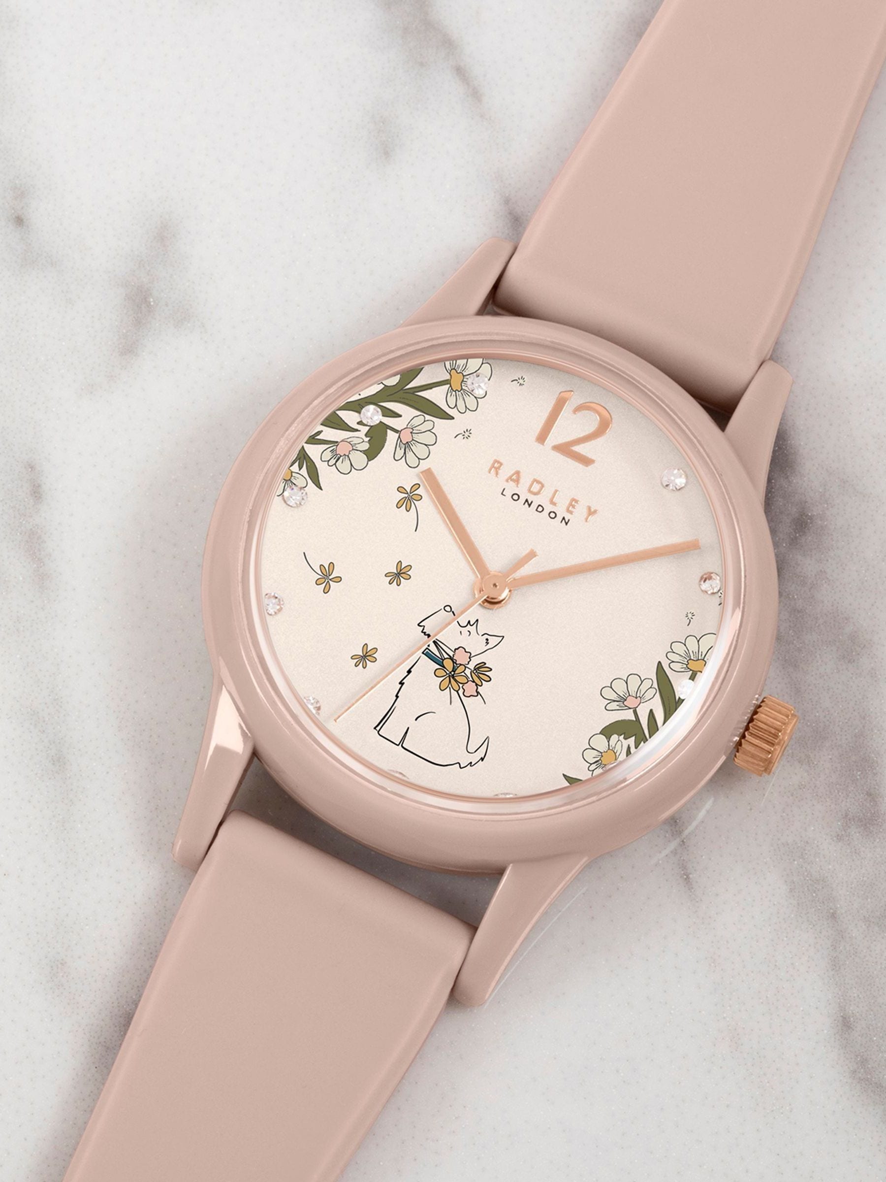 Radley Cobweb Pink Ladies Silicone Strap Floral Dog Dial Watch, imported from the UK