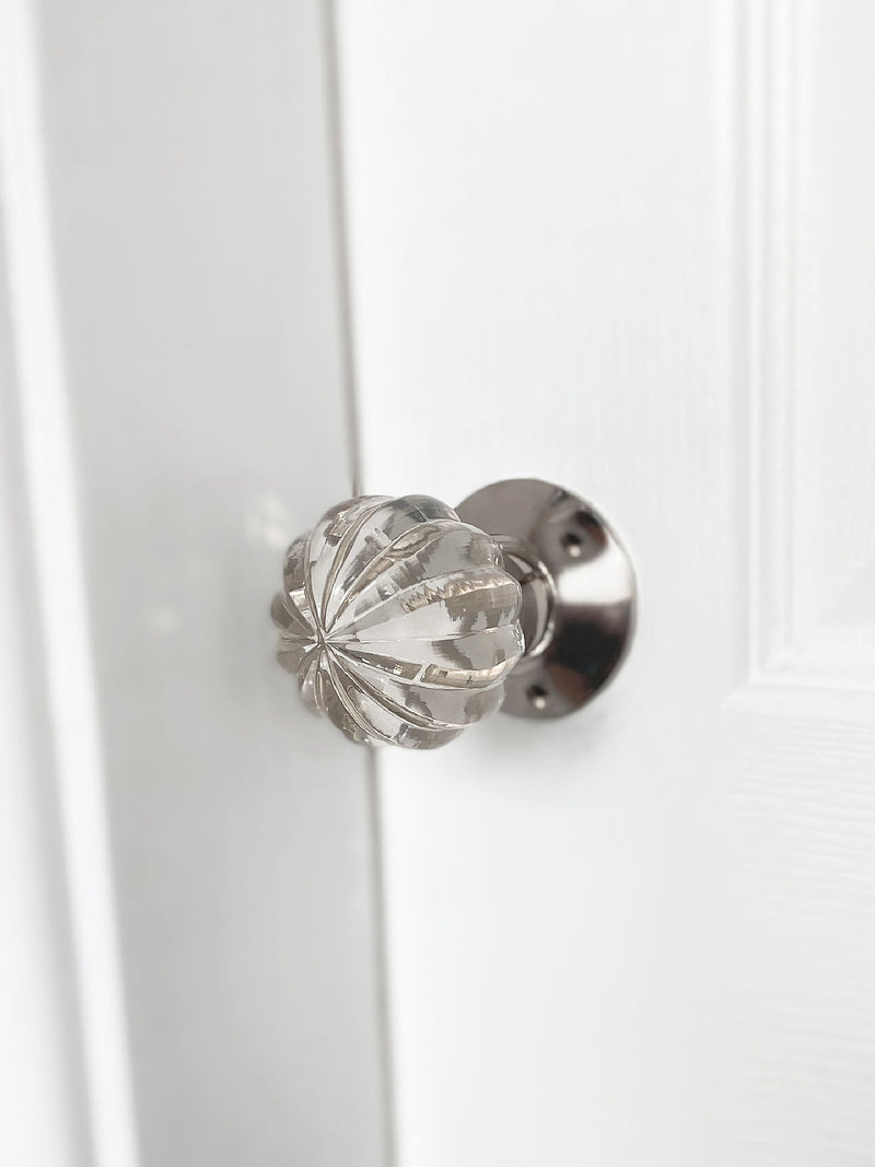 Laura Ashley Chrome Vivien Glass mortice knob pair (British brand)