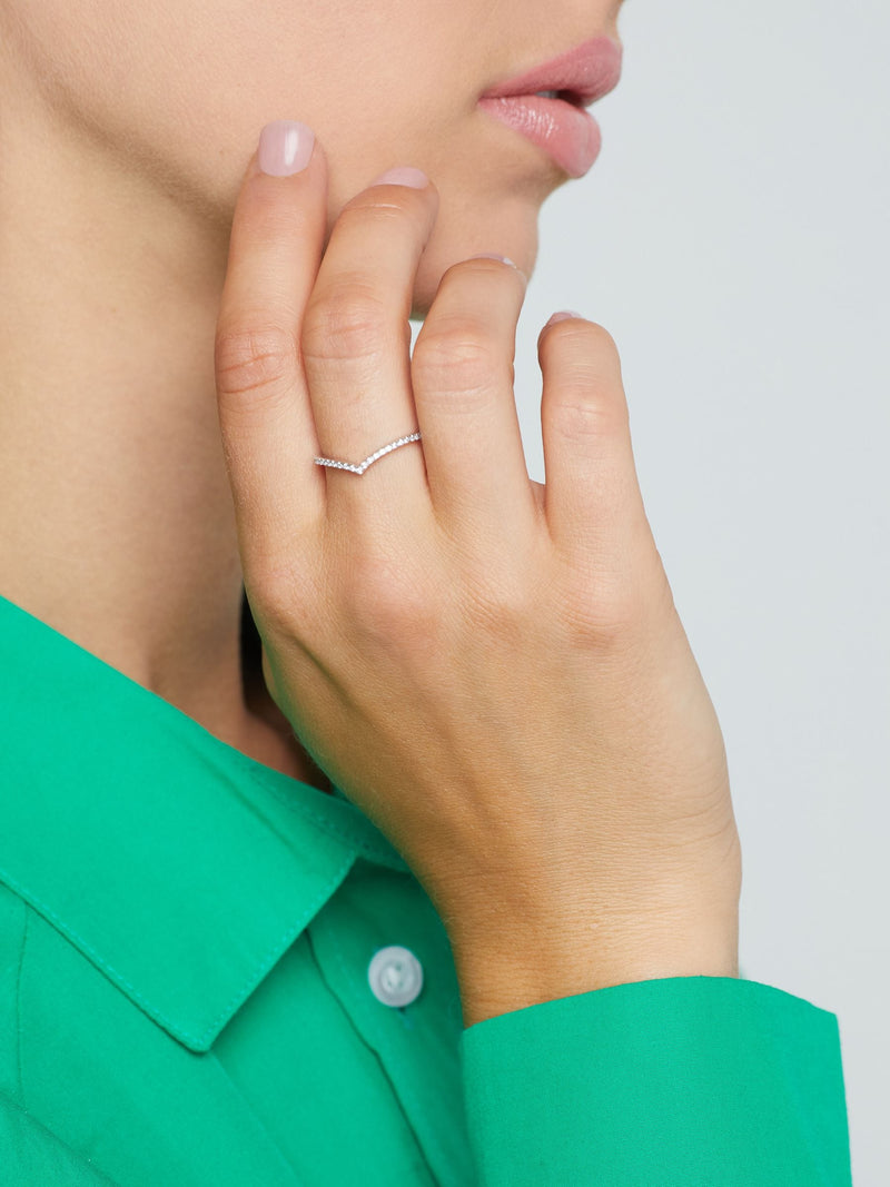 Sterling silver wishbone ring with clear gemstones (British brand)
