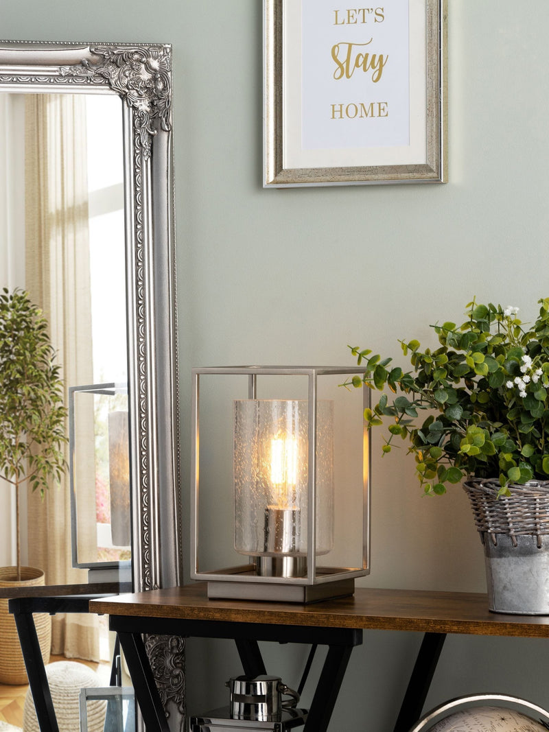 BHS Hardy industrial cube table lamp with satin nickel frame, UK version