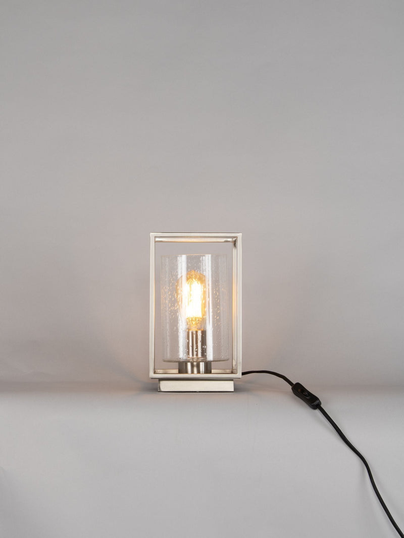BHS Hardy industrial cube table lamp with satin nickel frame, UK version