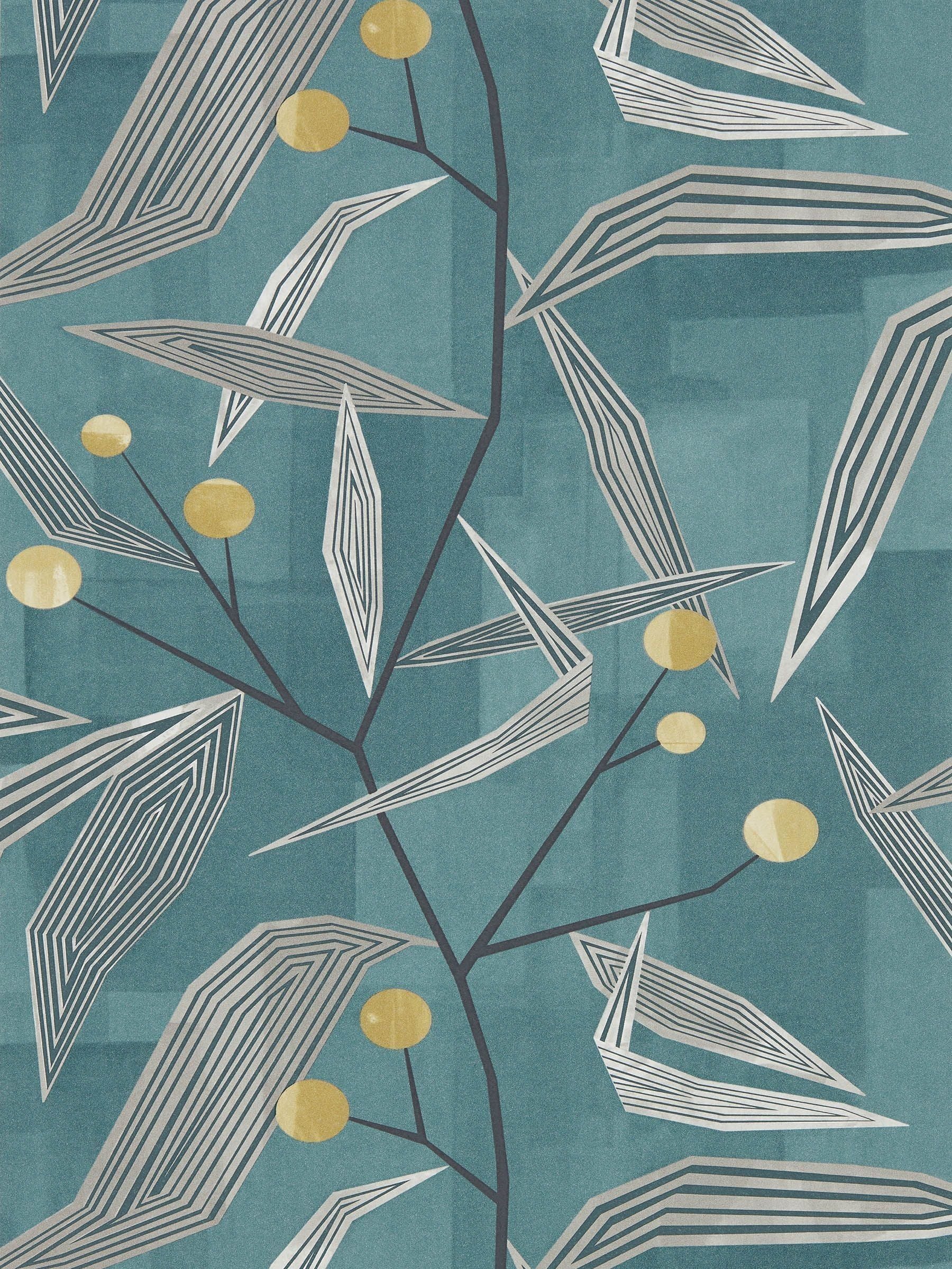 Harlequin Teal Entity wallpaper sample with angular geo-floral design (British brand)