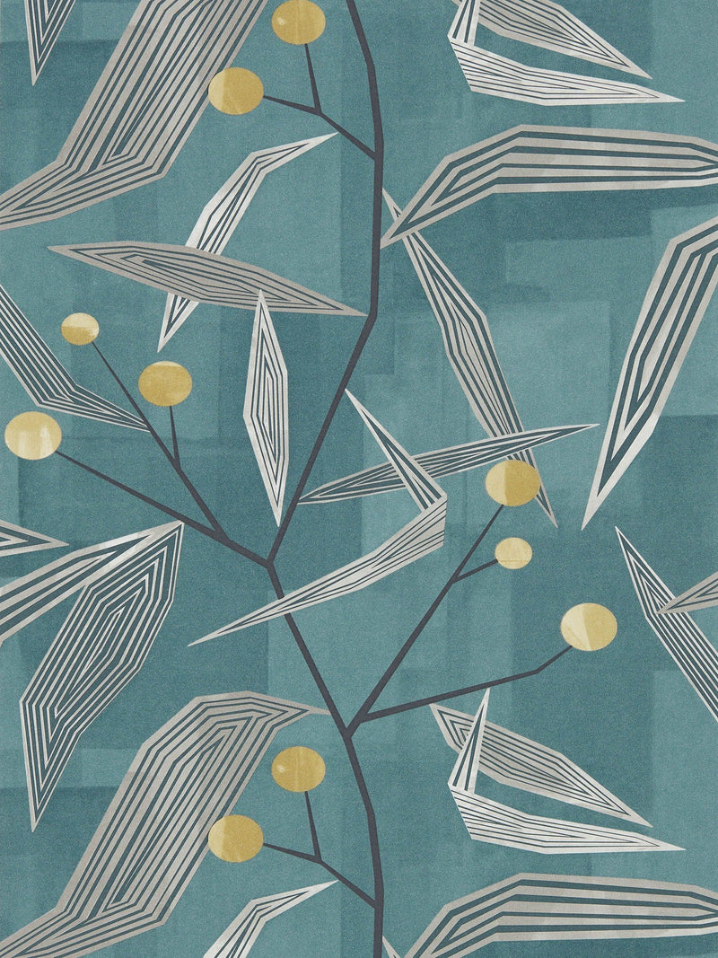 Harlequin Teal Entity wallpaper sample with angular geo-floral design (British brand)