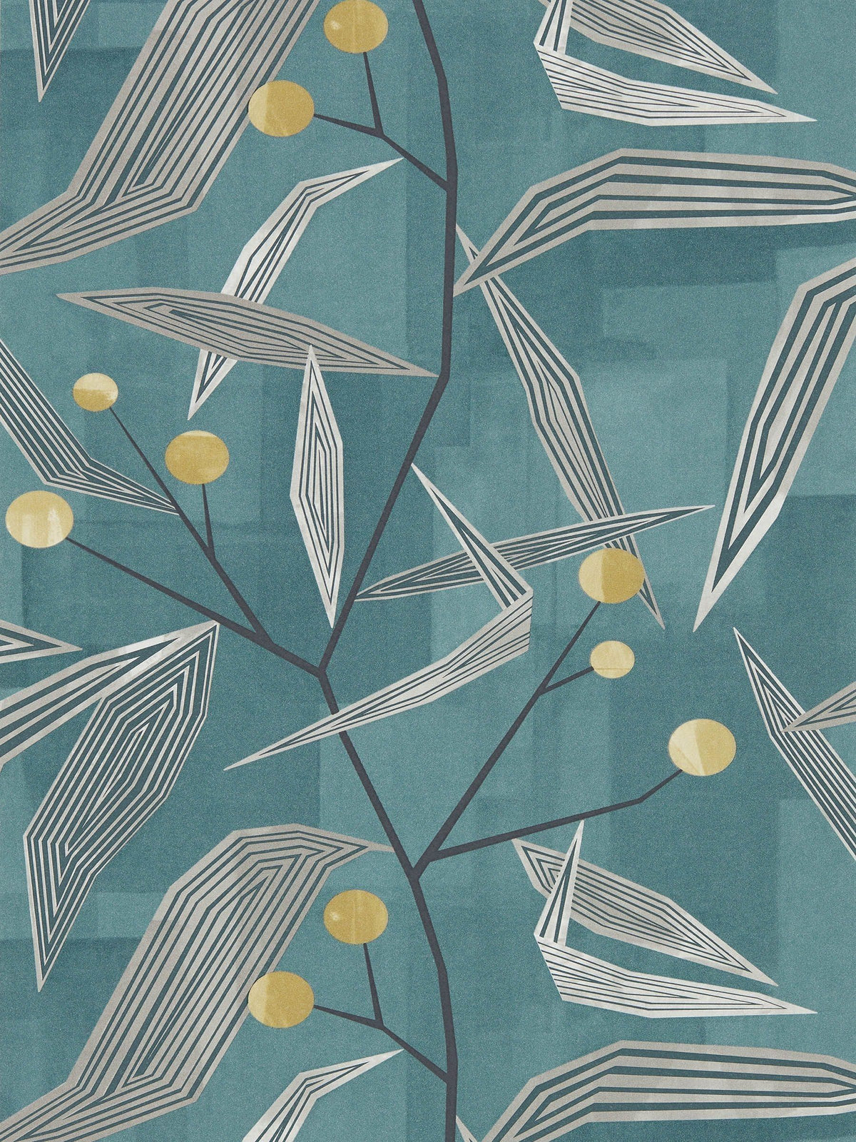 Harlequin Teal Entity wallpaper sample with angular geo-floral design (British brand)