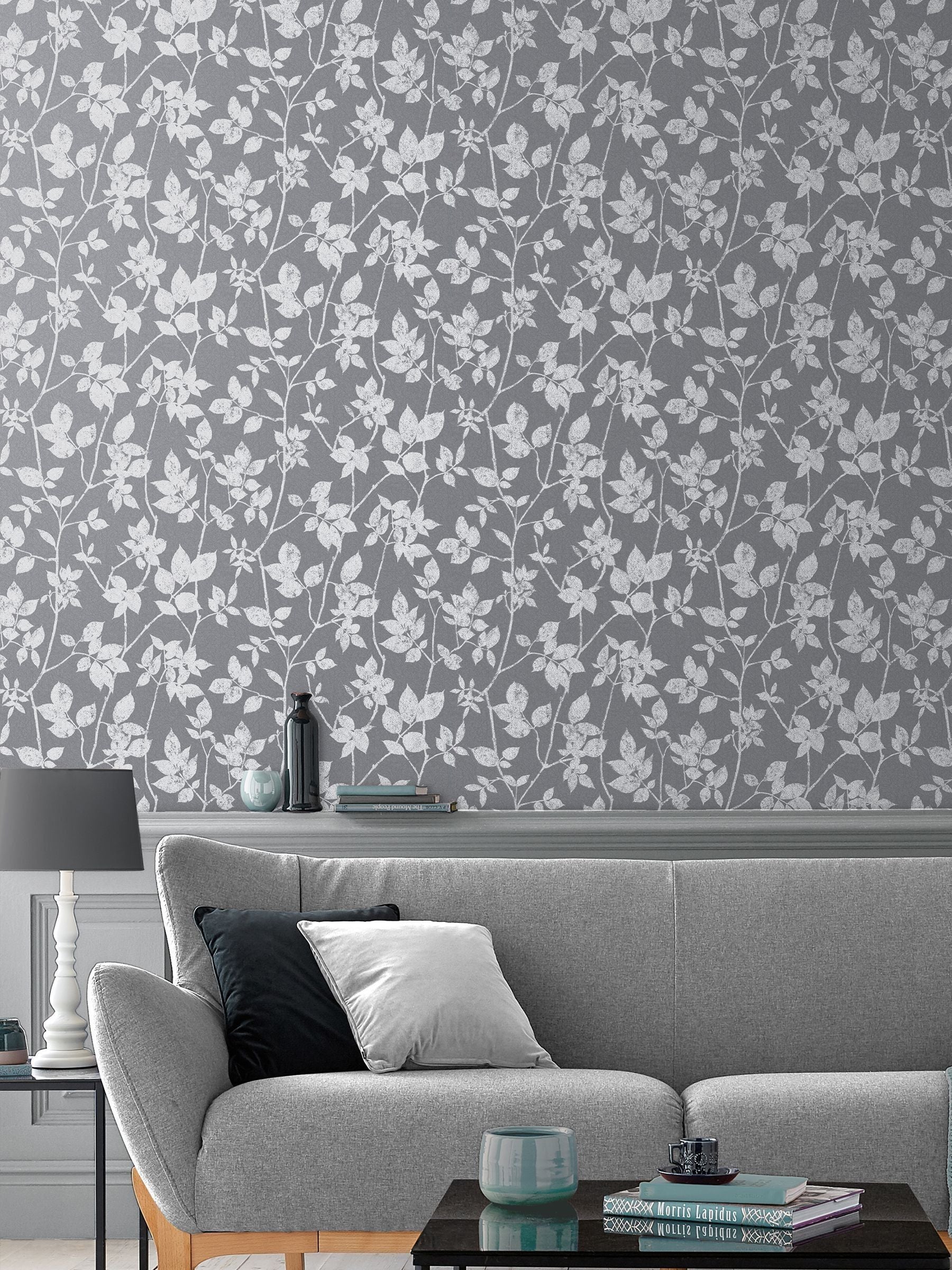 Graham & Brown Luna wallpaper sample in Pepper Grey - British product