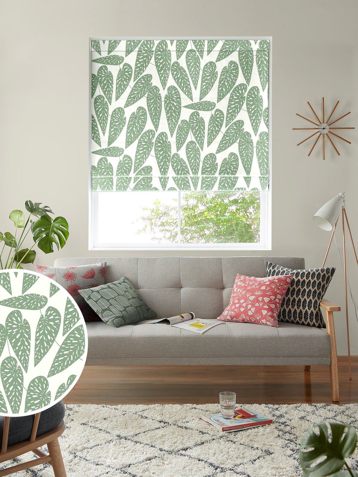 MissPrint green tropics foliage roman blind, UK version