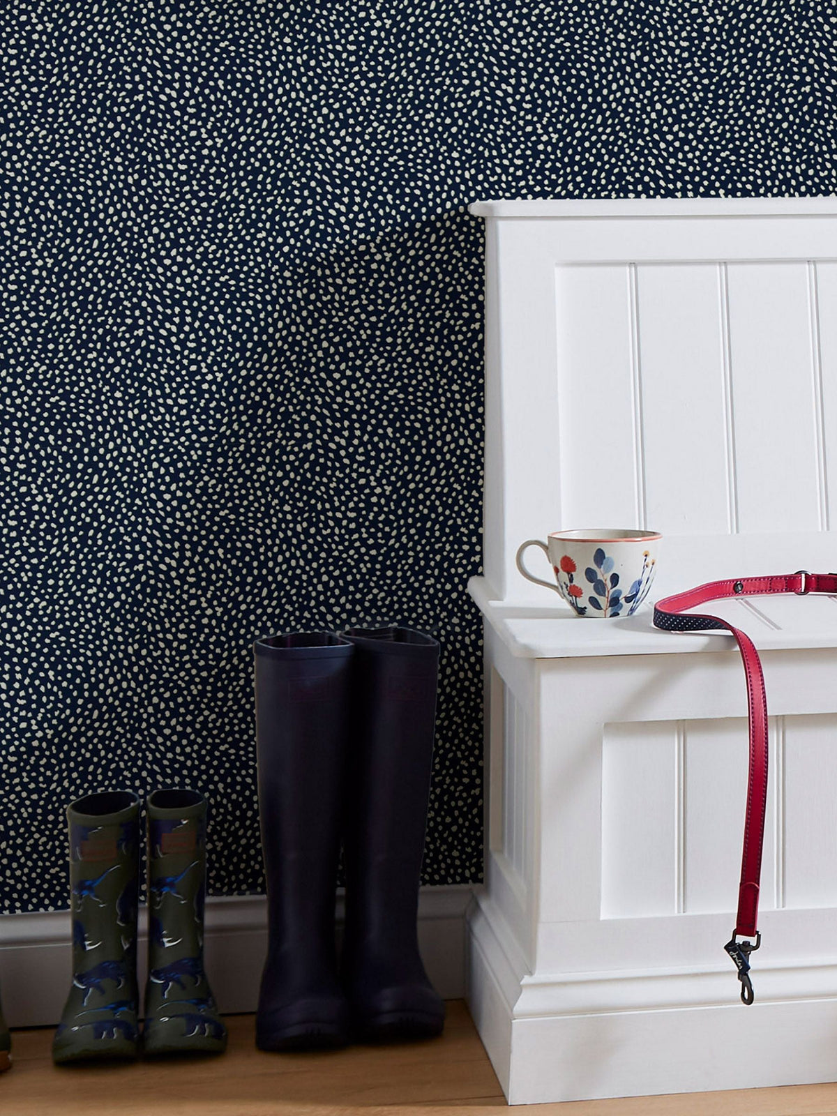 Joules Guinea Spot wallpaper sample in deep French navy, UK version