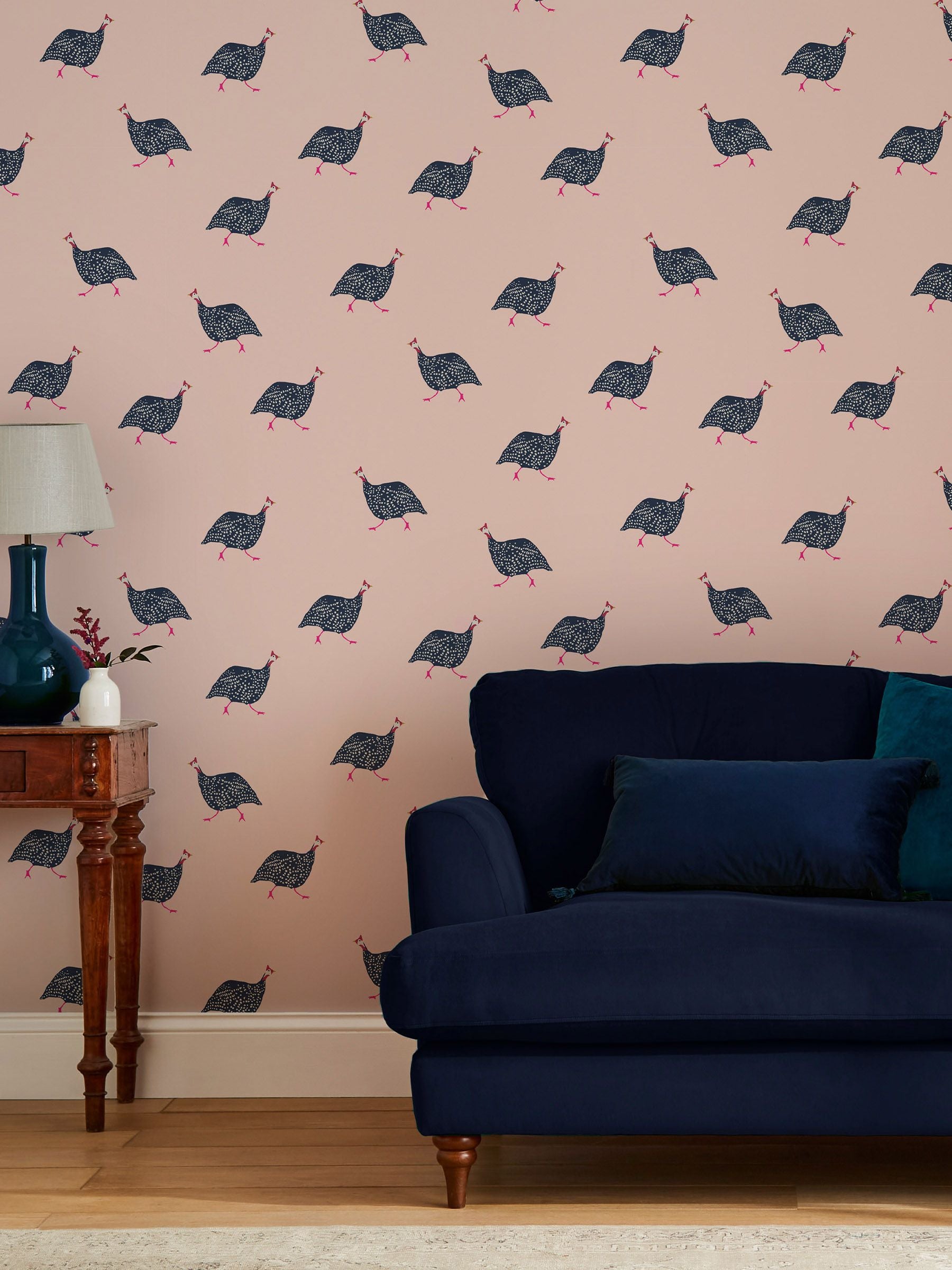 Joules blush pink guinea fowl wallpaper sample (British brand)