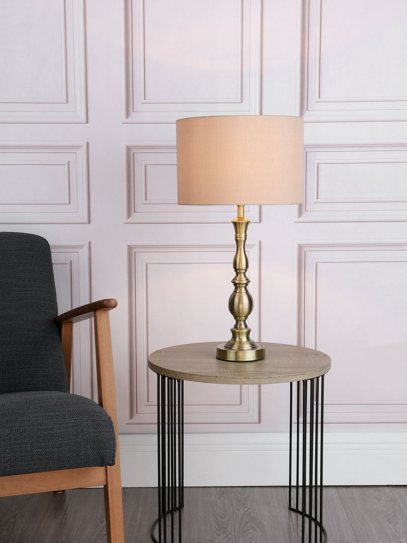 Dar Lighting Alicante Ball Table Lamp with antique brass base, UK version