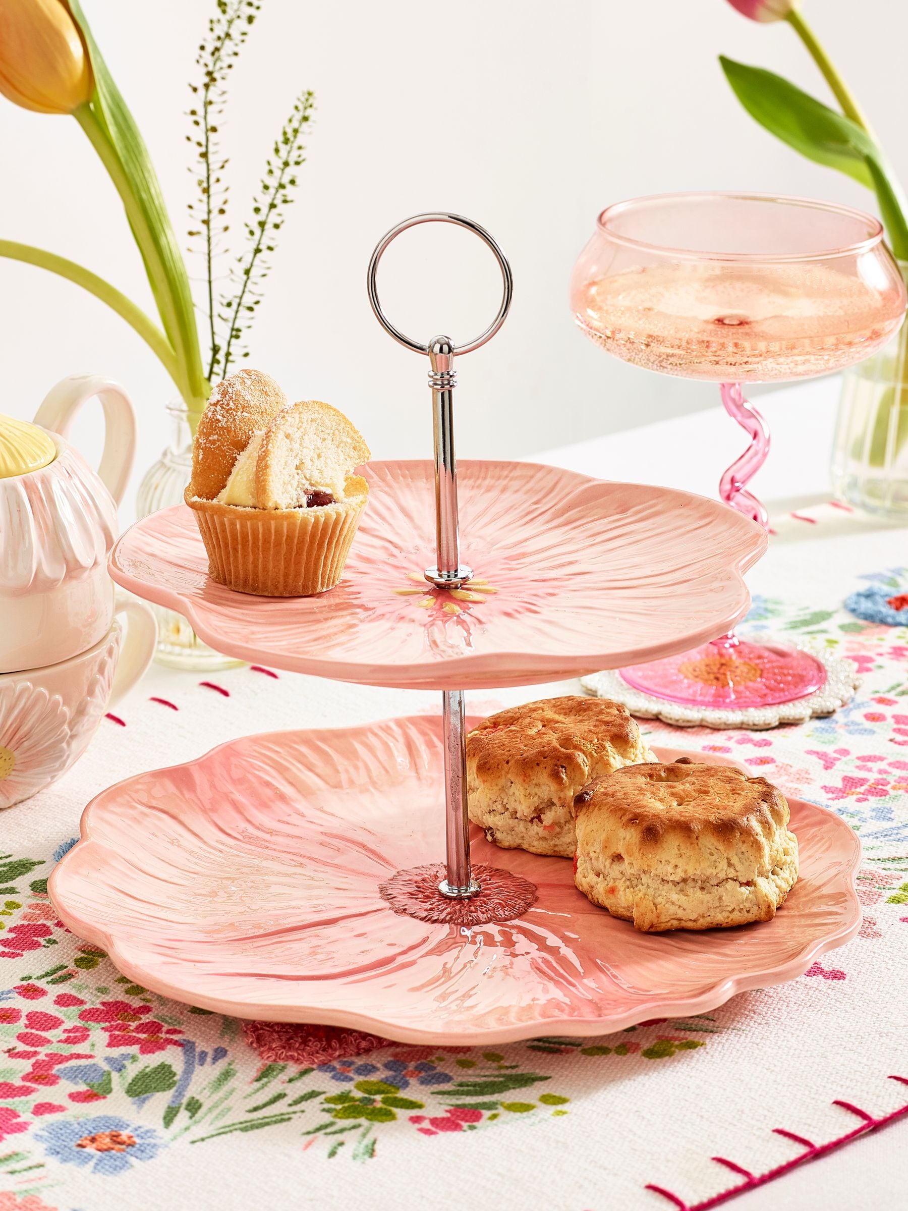 Pink two-tier flower cake stand imported from the UK