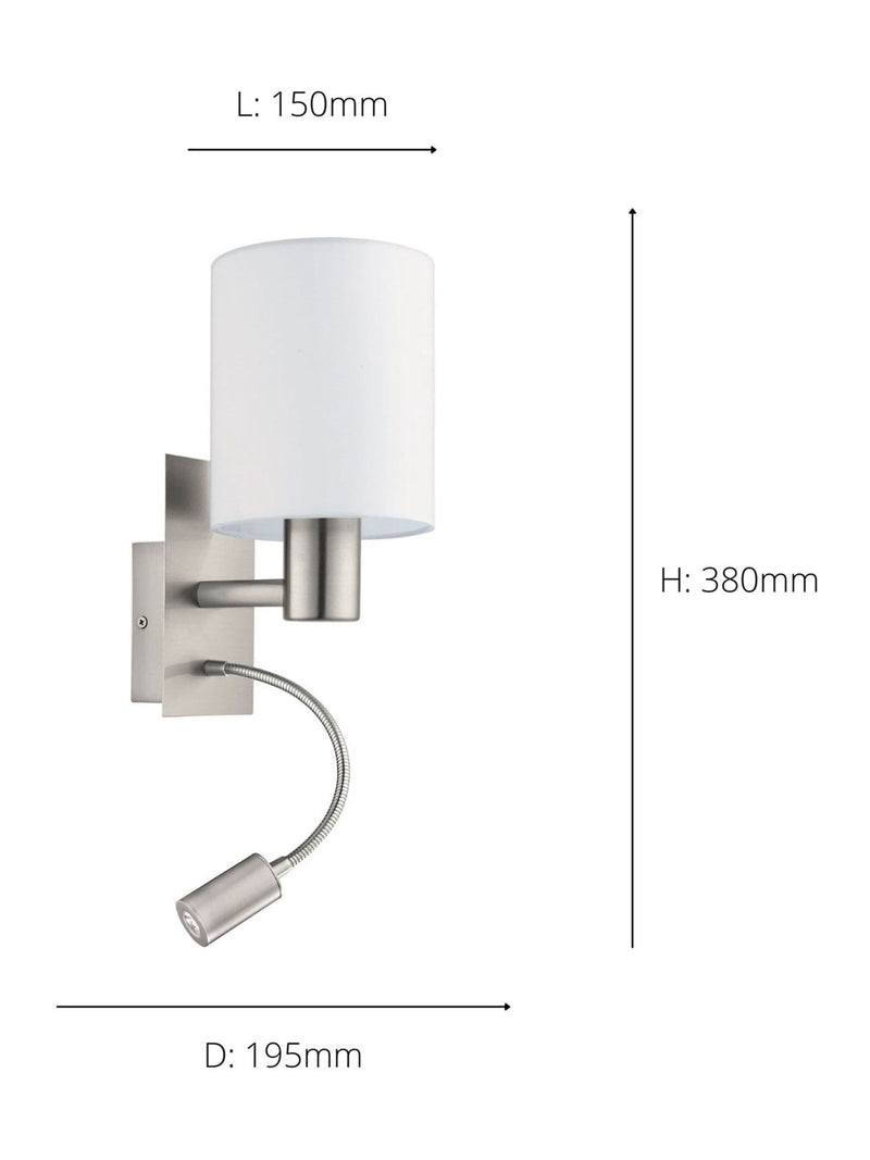 Eglo Pasteri fabric wall lamp with reading light, imported from the UK