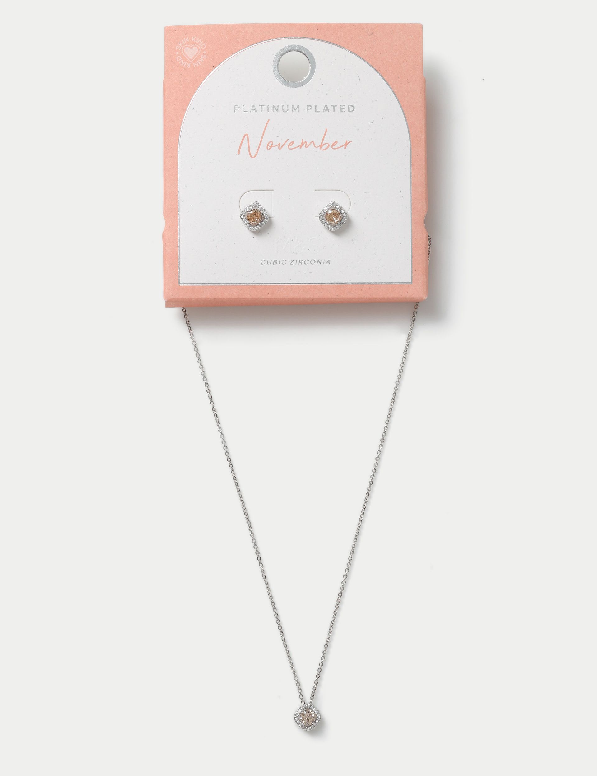 Platinum plated birthstone earring and necklace set (British brand)