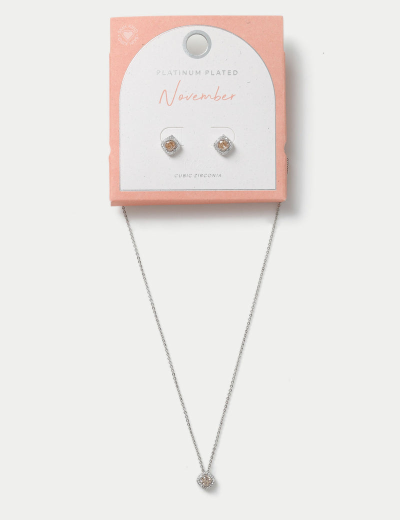 Platinum plated birthstone earring and necklace set (British brand)