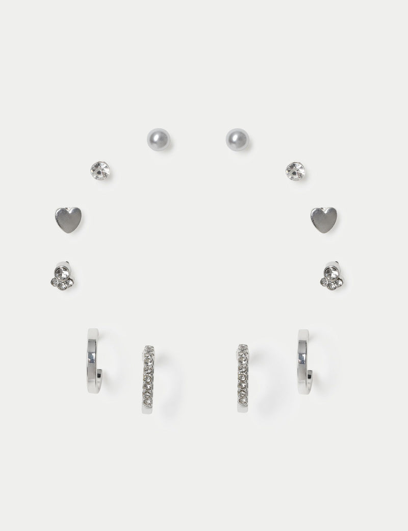 Mixed material stud and hoop earring set 6 pack - (British brand)
