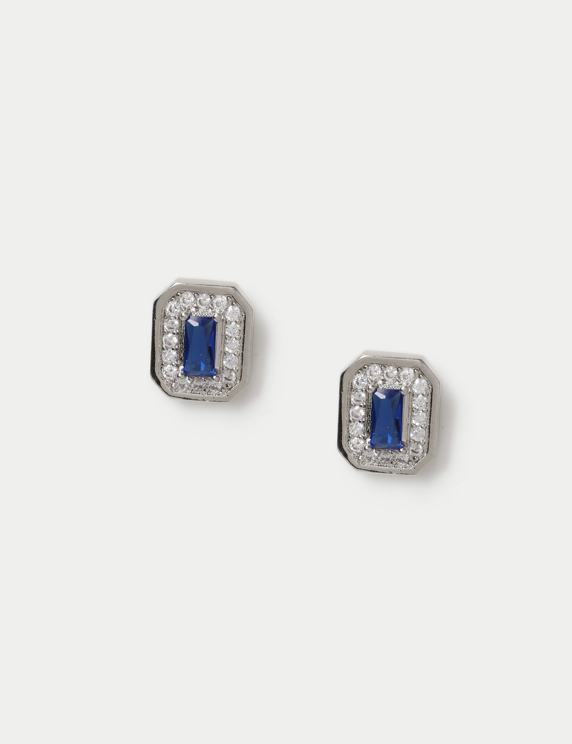 Platinum plated rectangle stud earrings with cubic zirconia, UK version