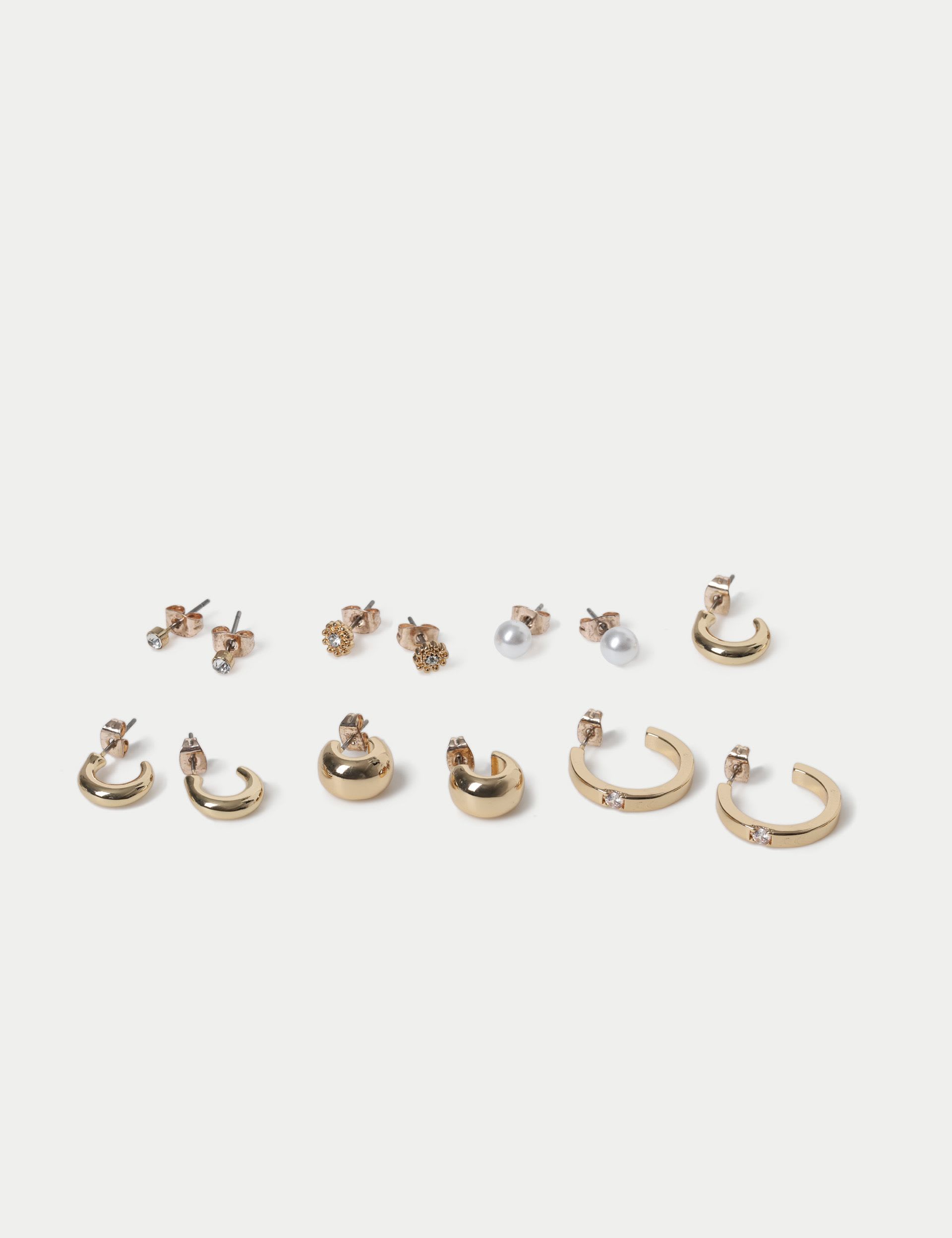 Set of 6 stud hoop earrings in metal and glass, UK version