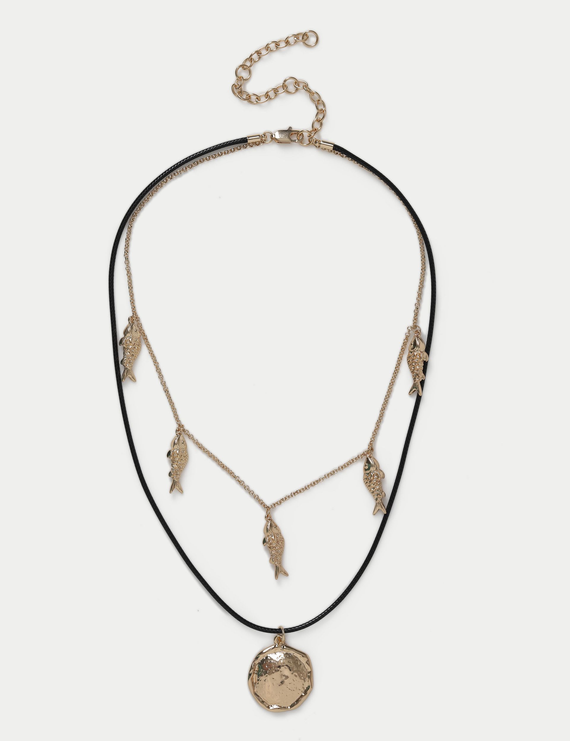 Multirow Fish And Disc Necklace with mixed metals, imported from the UK