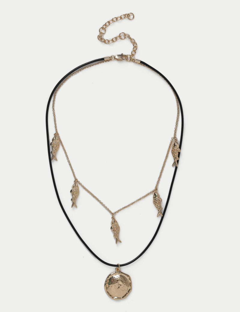 Multirow Fish And Disc Necklace with mixed metals, imported from the UK