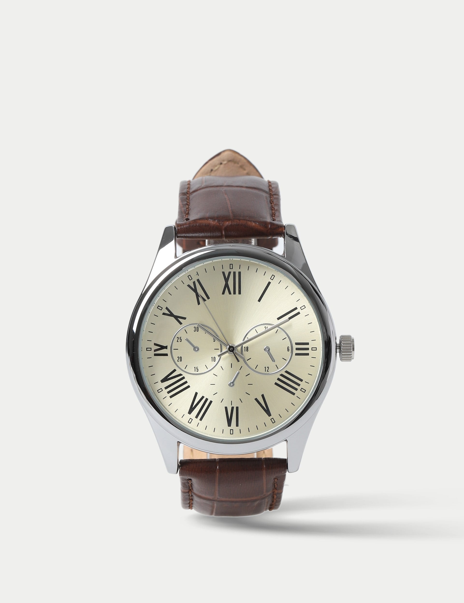 M&S silver tone round face croc strap watch (British brand)