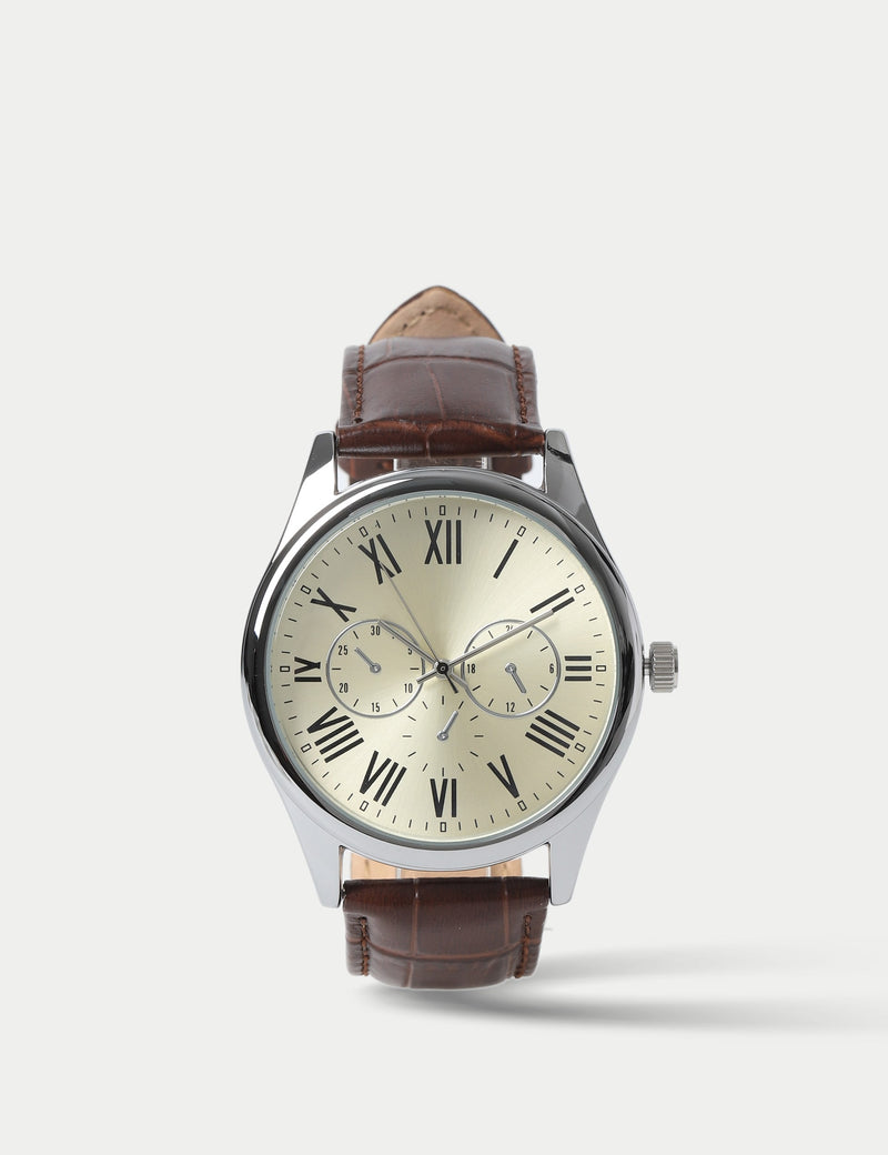 M&S silver tone round face croc strap watch (British brand)
