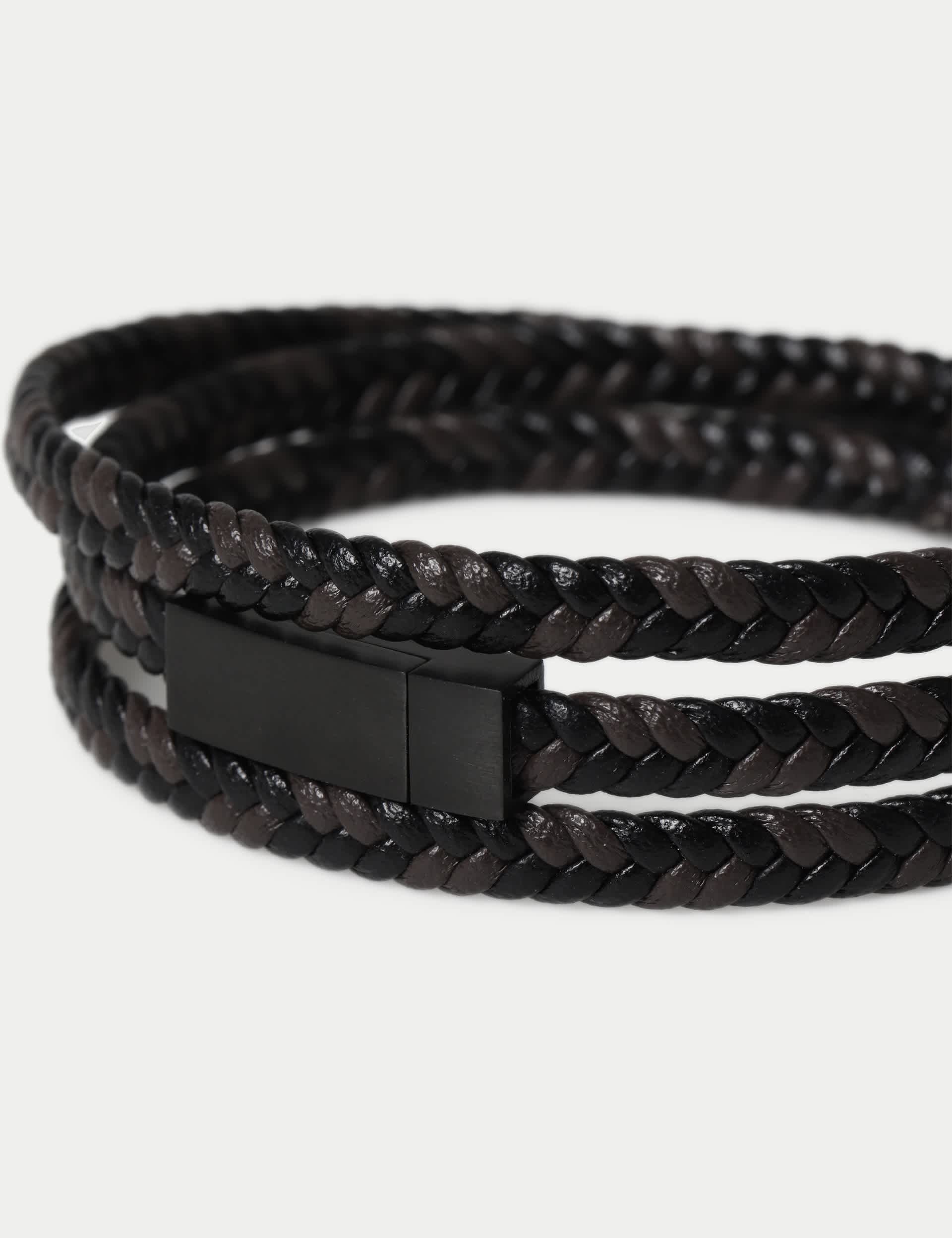 Genuine leather plait wrap bracelet with magnetic clasp (British brand)