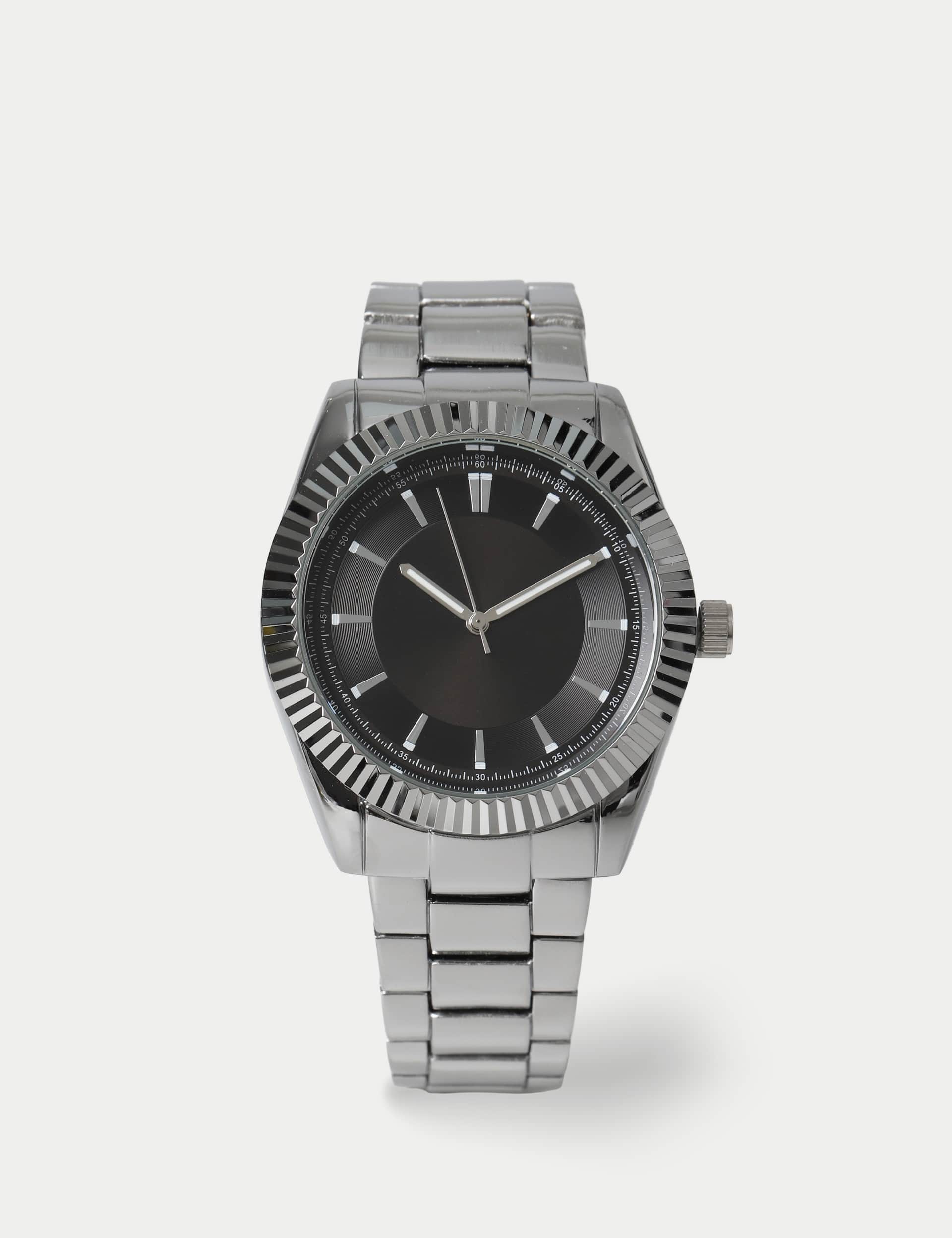Faceted bezel steel black dial watch, UK version