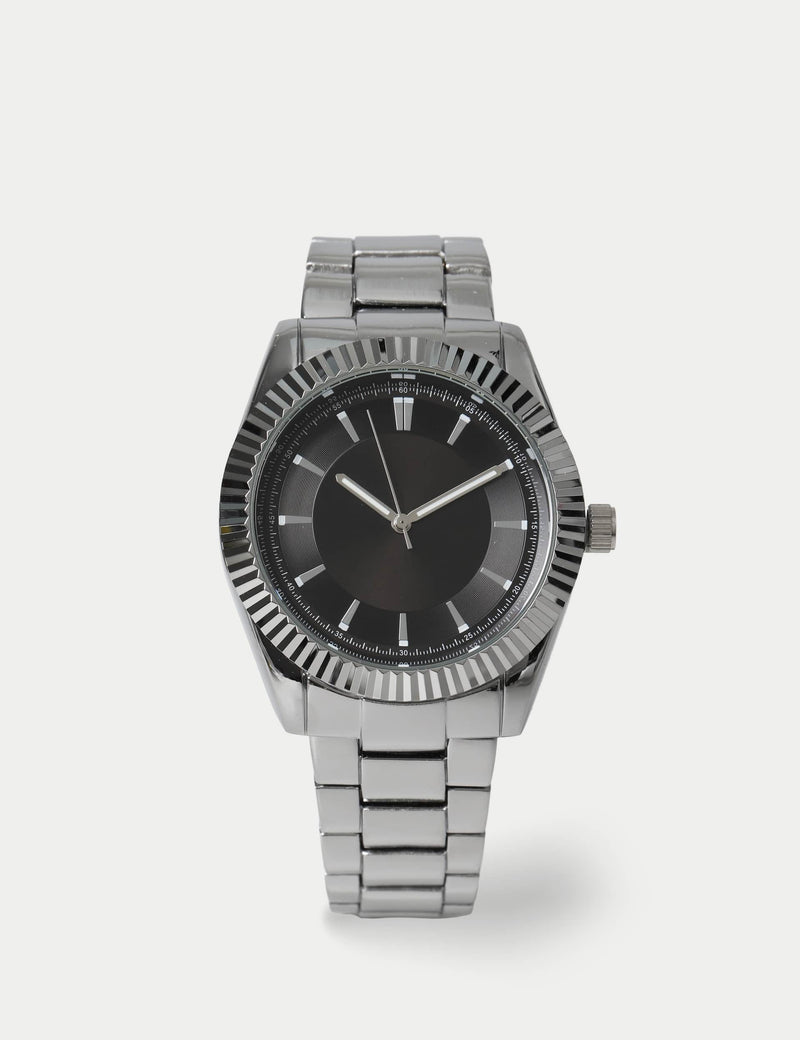 Faceted bezel steel black dial watch, UK version