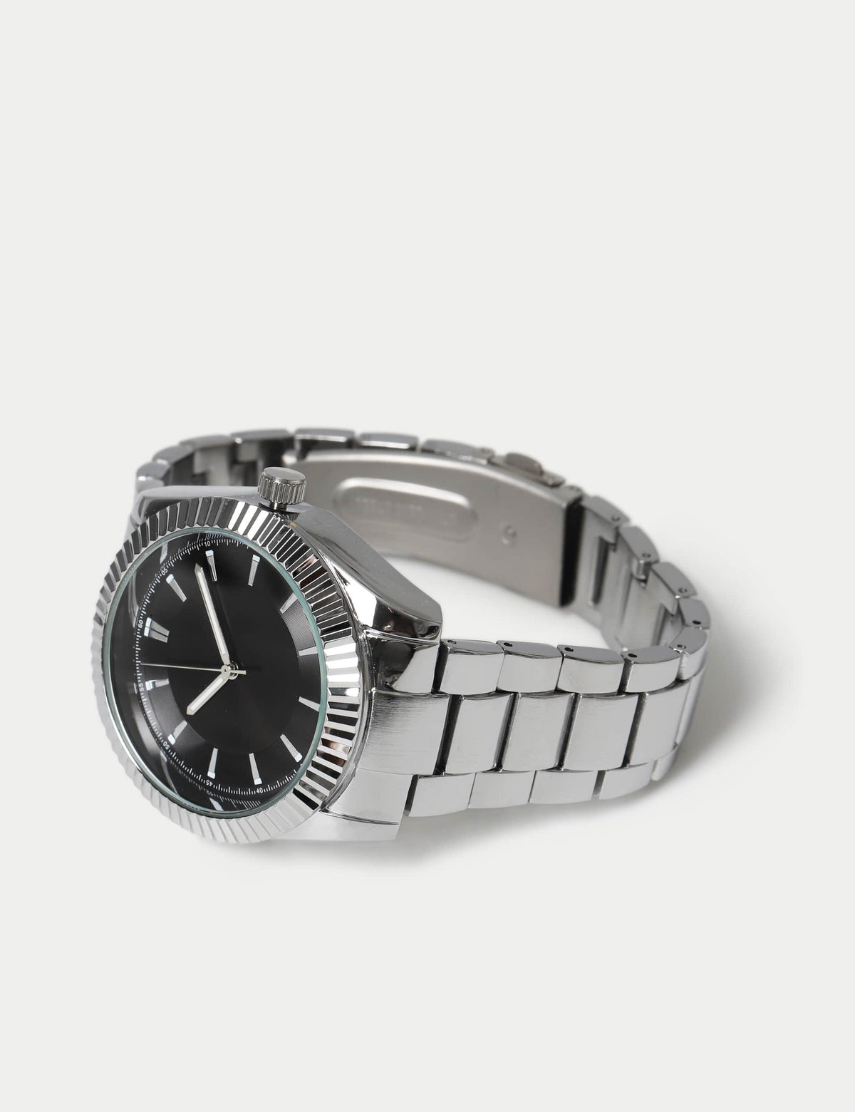 Faceted bezel steel black dial watch, UK version