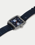 Navy red square watch with leather buckle fastening, UK version