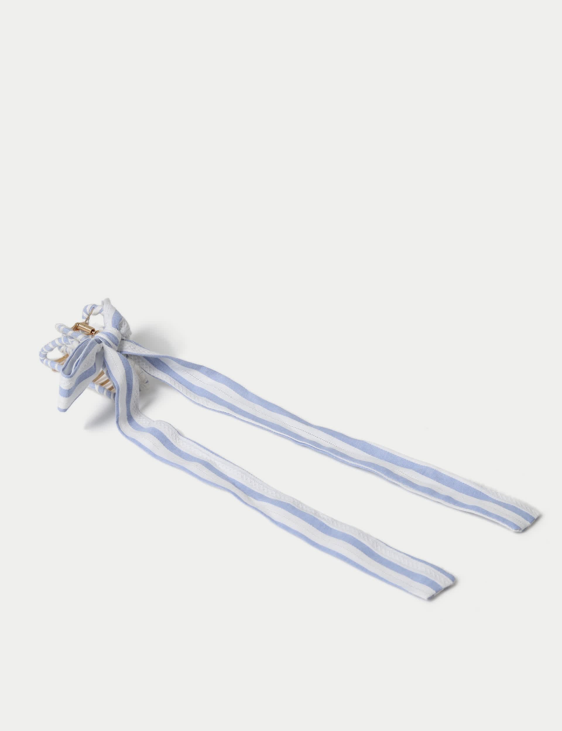 Blue and white stripe bow claw hair accessory, imported from the UK