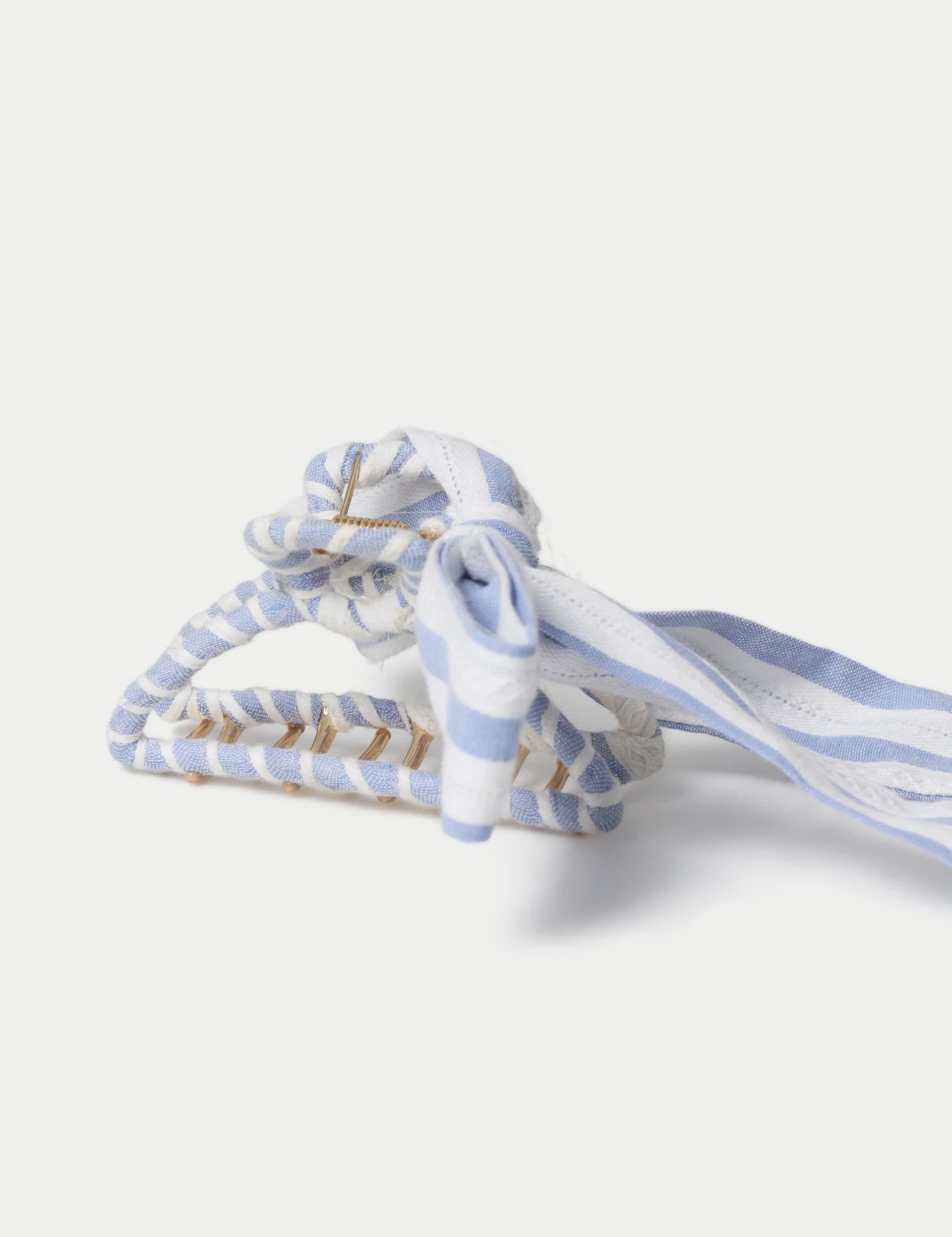 Blue and white stripe bow claw hair accessory, imported from the UK