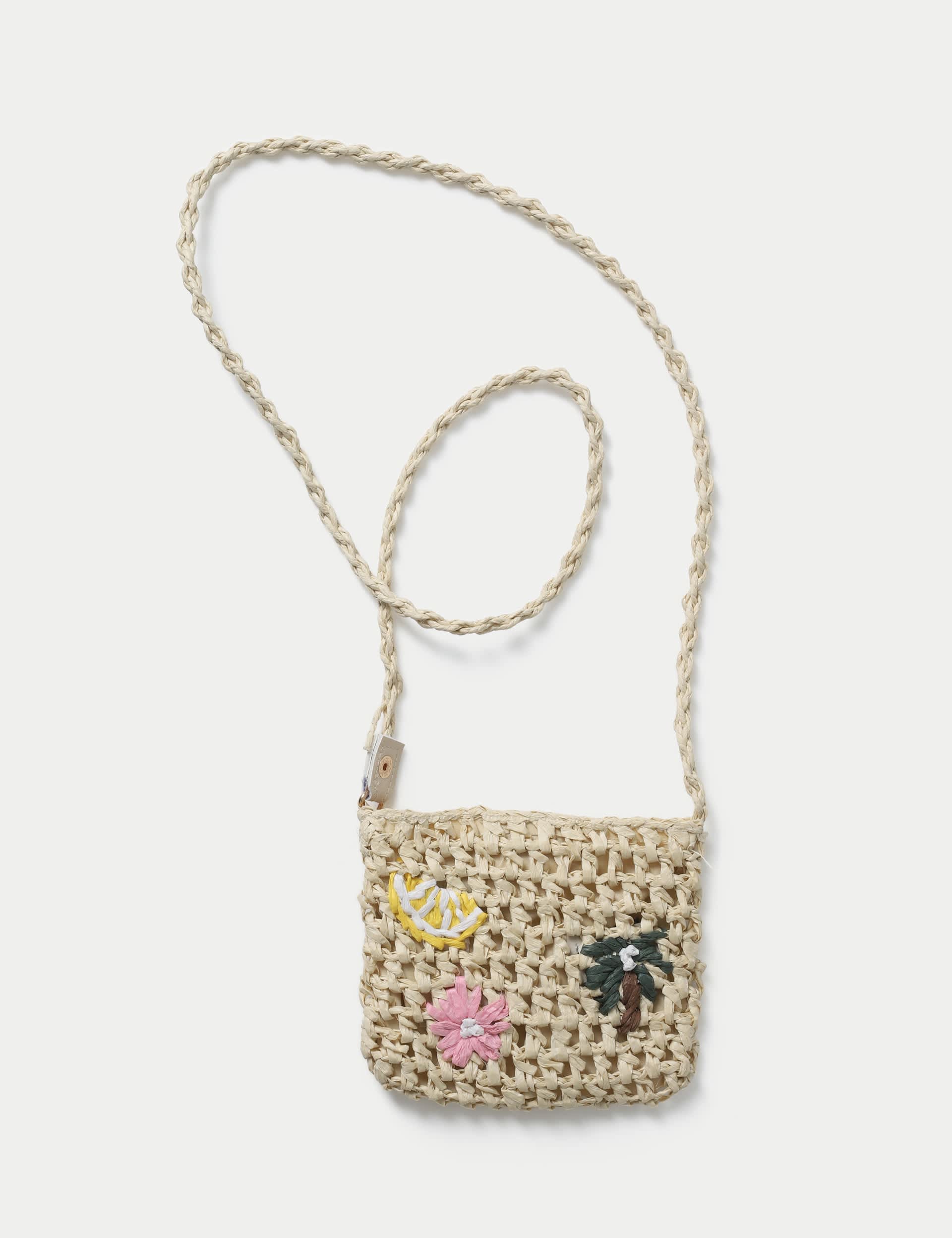 Embroidered raffia bag with polyester and metal, imported from the UK