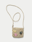 Embroidered raffia bag with polyester and metal, imported from the UK