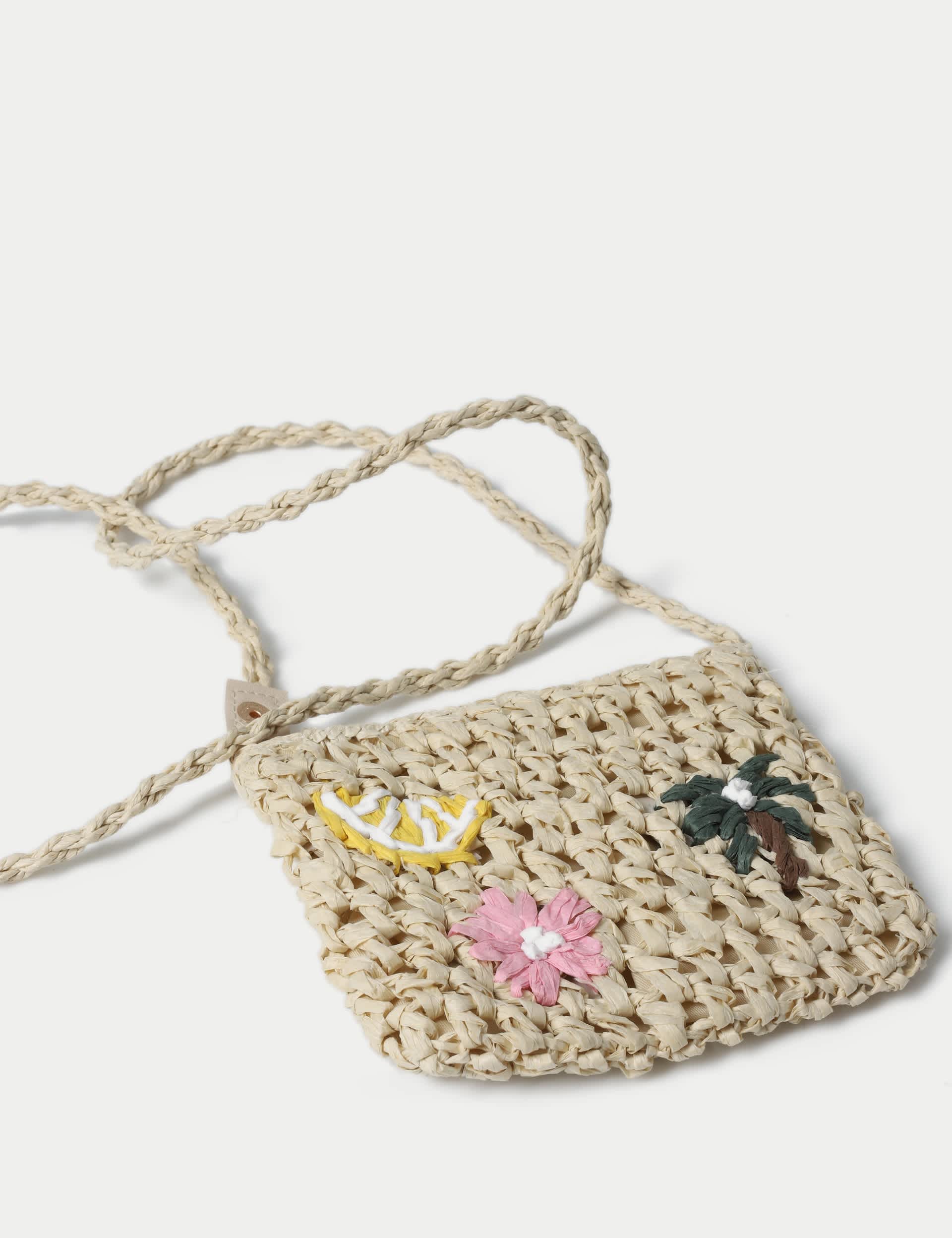 Embroidered raffia bag with polyester and metal, imported from the UK