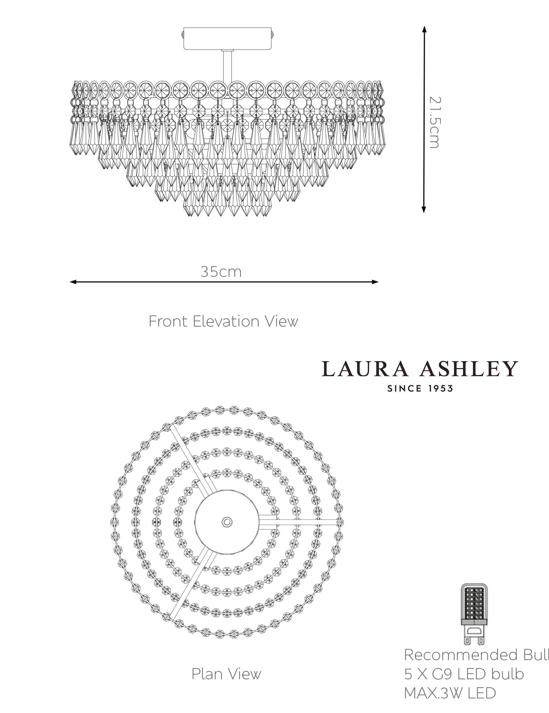 Laura Ashley Enid glass chandelier with crystals and nickel frame, UK version